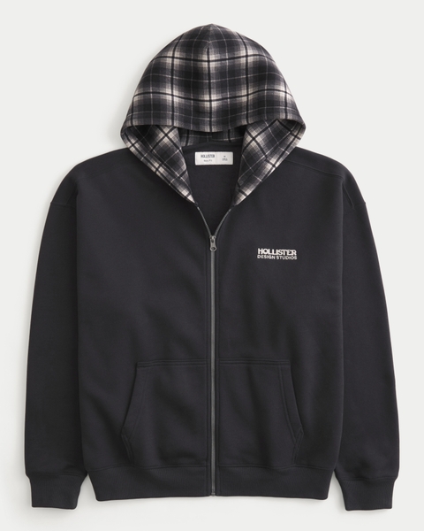 Мужские худи Hollister Boxy Zip-Up Plaid Hood Logo