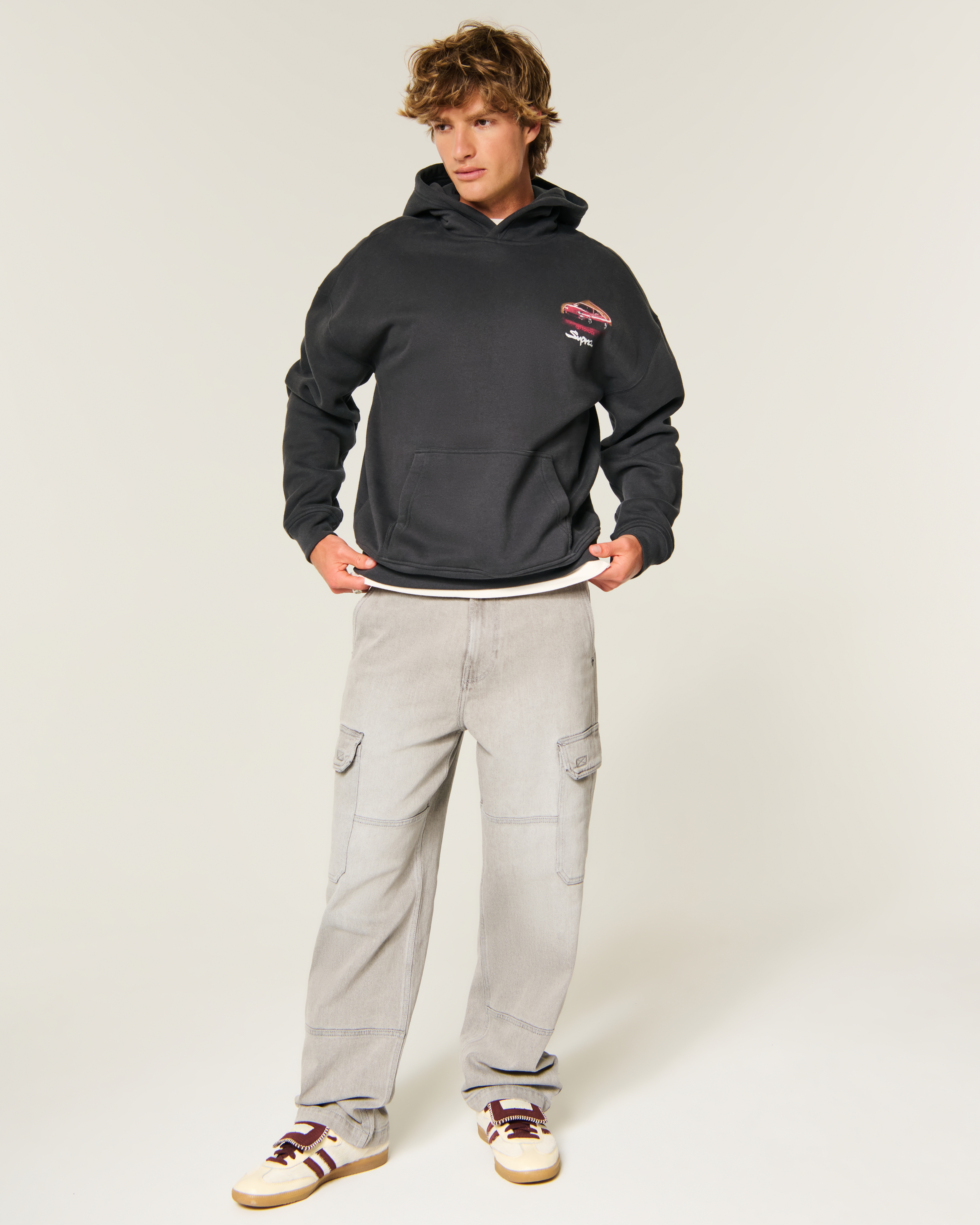 Мужское худи Hollister Boxy Zip-Up Shelby Graphic, цвет: Чёрный — фото 3