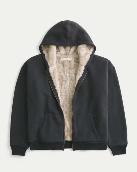 Мужские худи Hollister Boxy Faux Fur-Lined Zip-Up