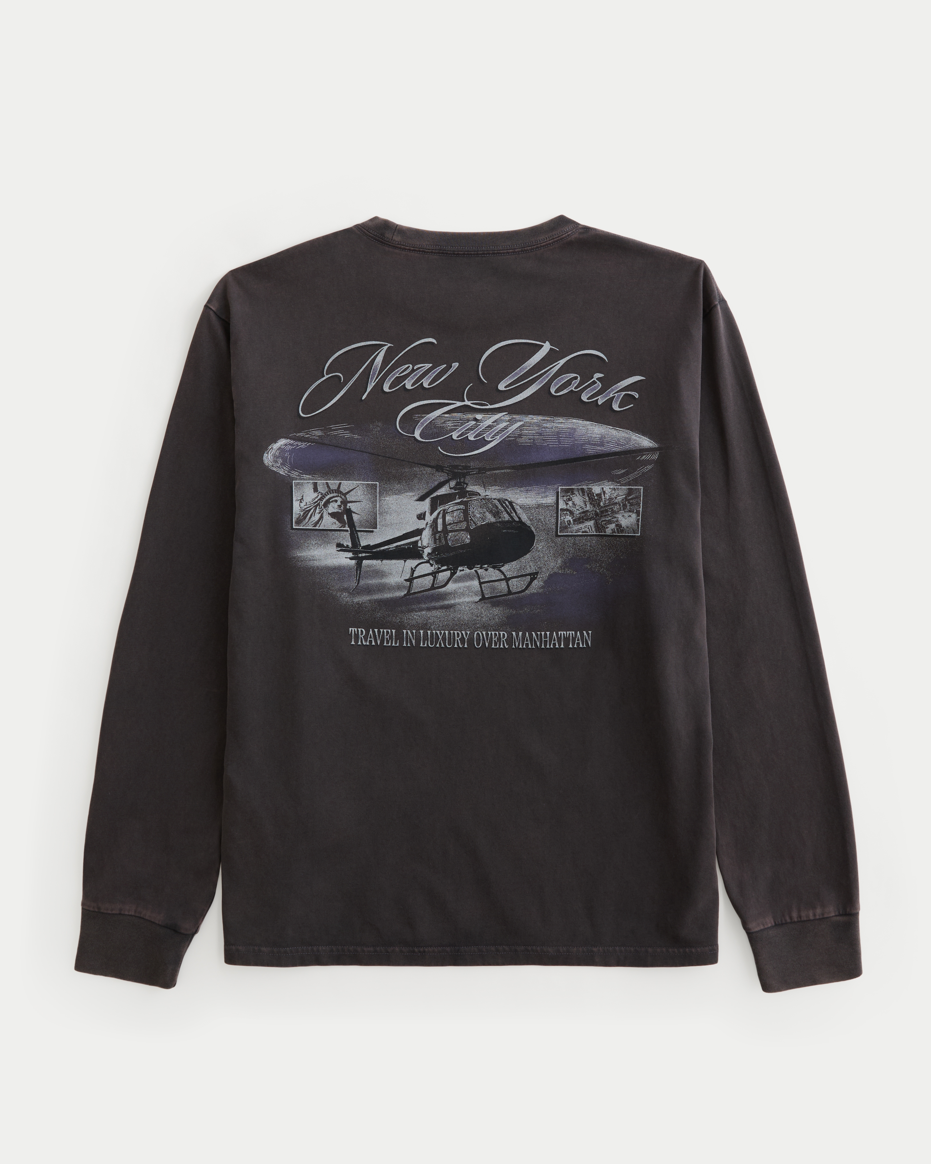 Мужская футболка Hollister Relaxed Cotton Long-Sleeve New York City Graphic, цвет: Чёрный — фото 1