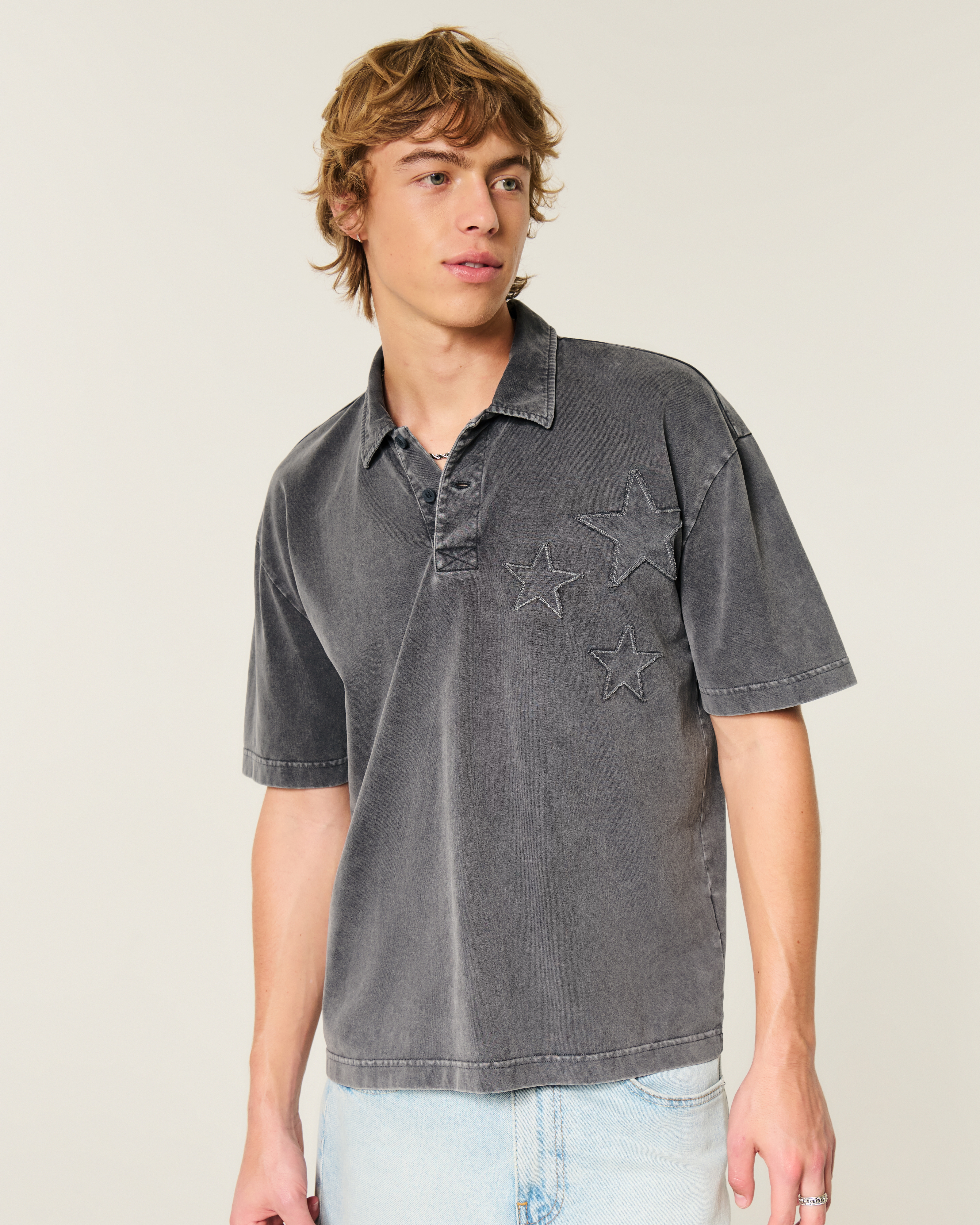 Мужские топы Hollister Boxy Heavyweight Cotton Star Applique Polo — фото 2