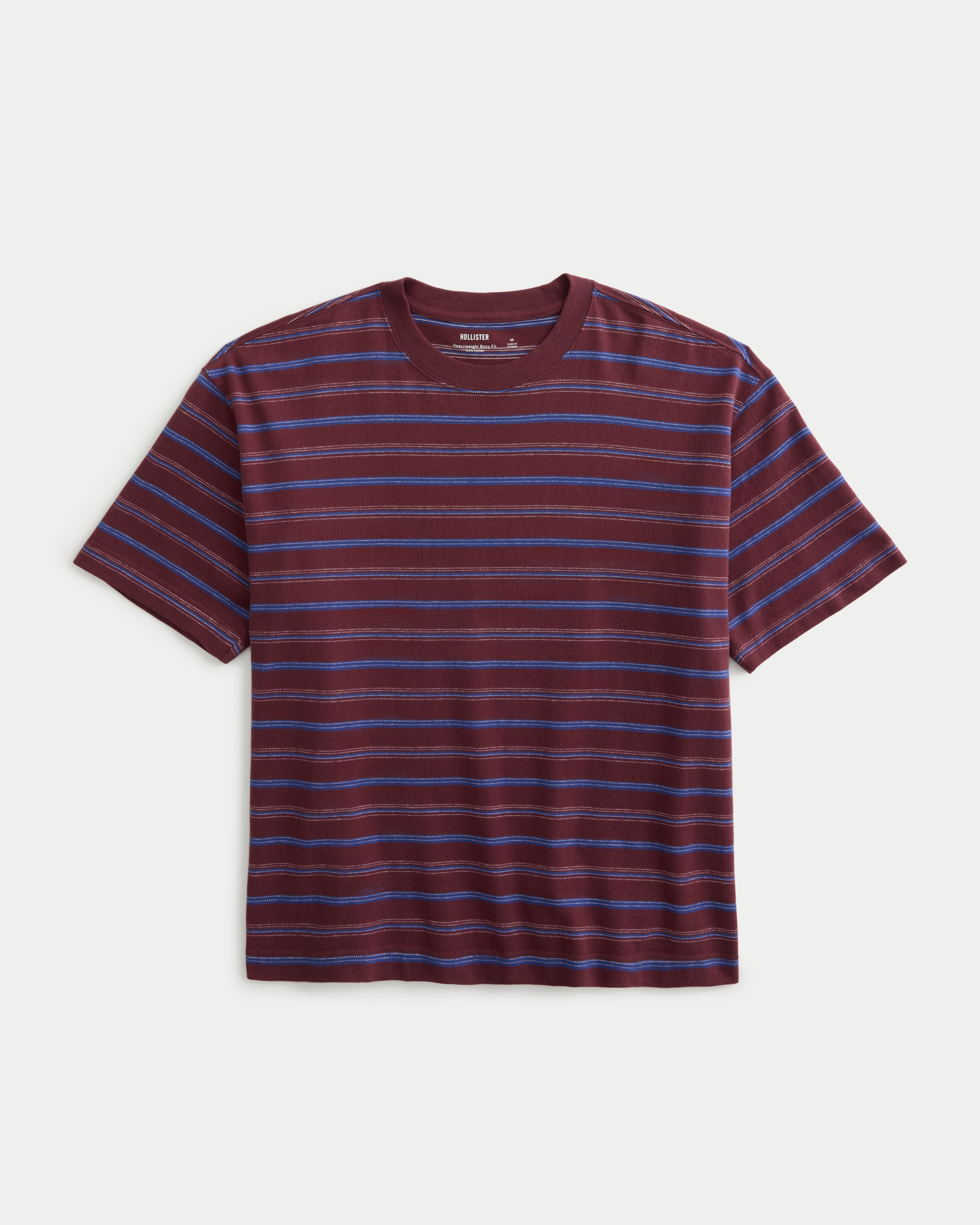 Мужская футболка Hollister Boxy Heavyweight Striped Crew, цвет: Бордовый полосатый — фото 1