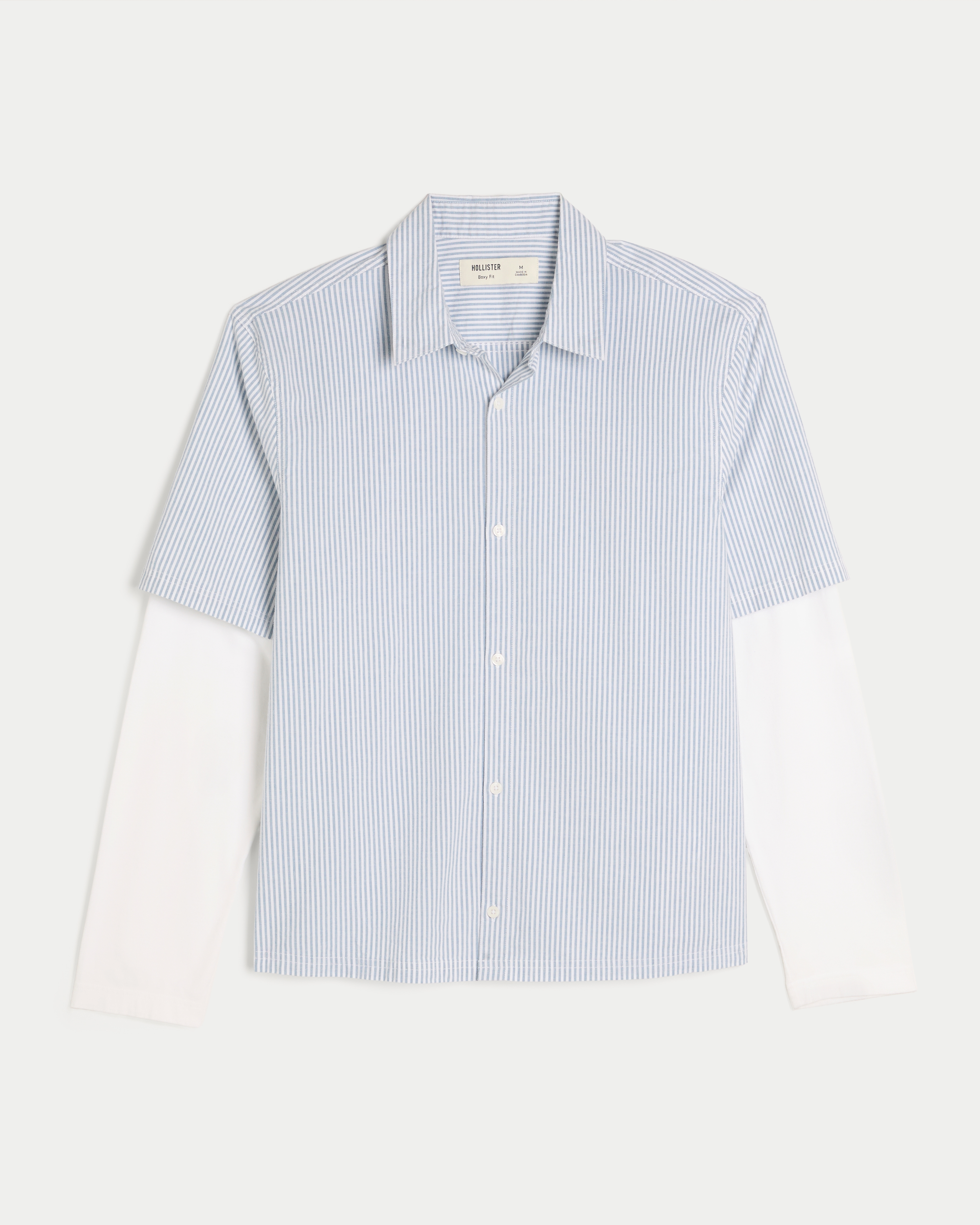 Мужская рубашка Hollister Boxy Layered 2-in-1 Button-Through, цвет: Светлый синий полосатый