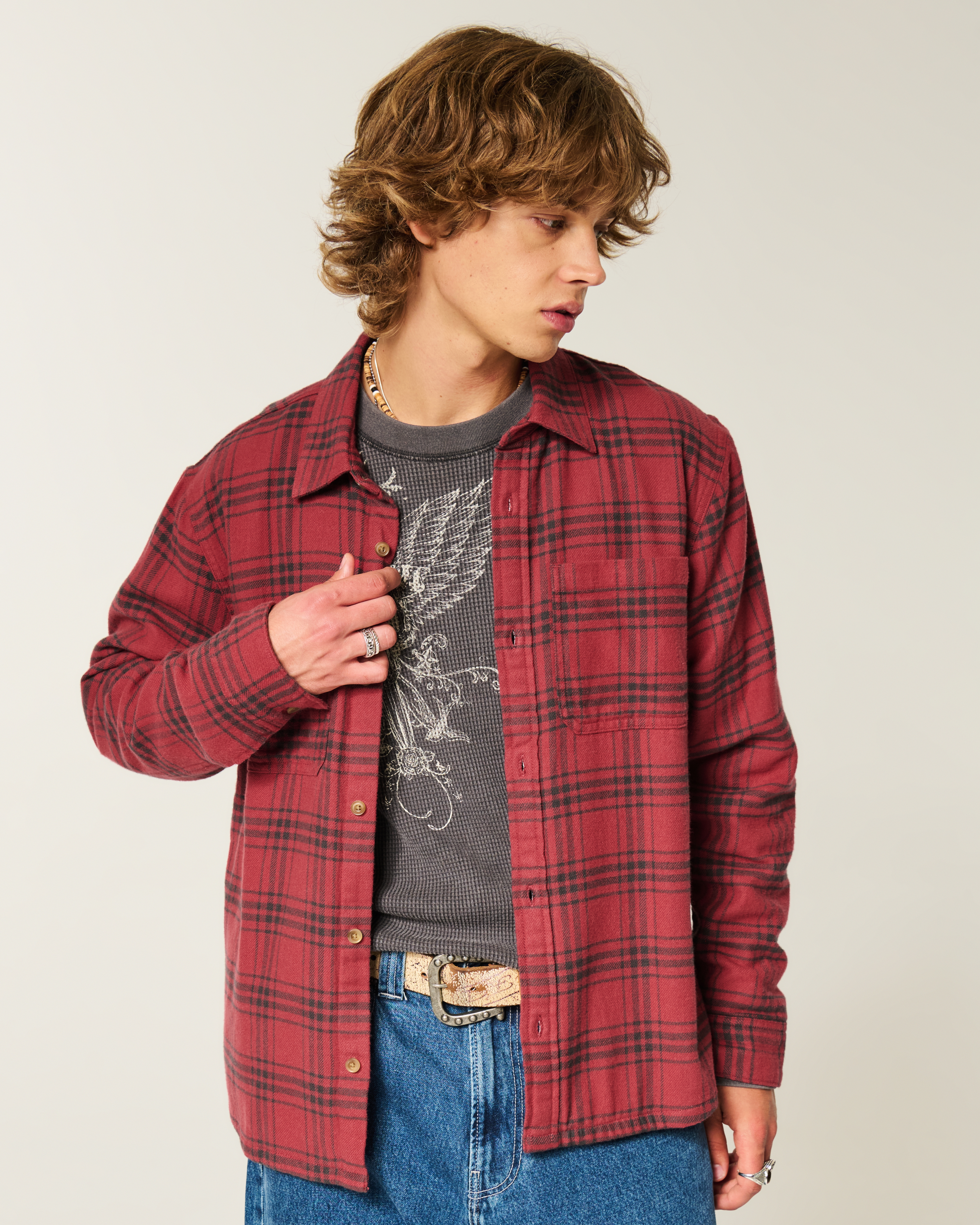 Мужские рубашки Hollister Boxy Thermal-Lined Flannel Shirt — фото 2
