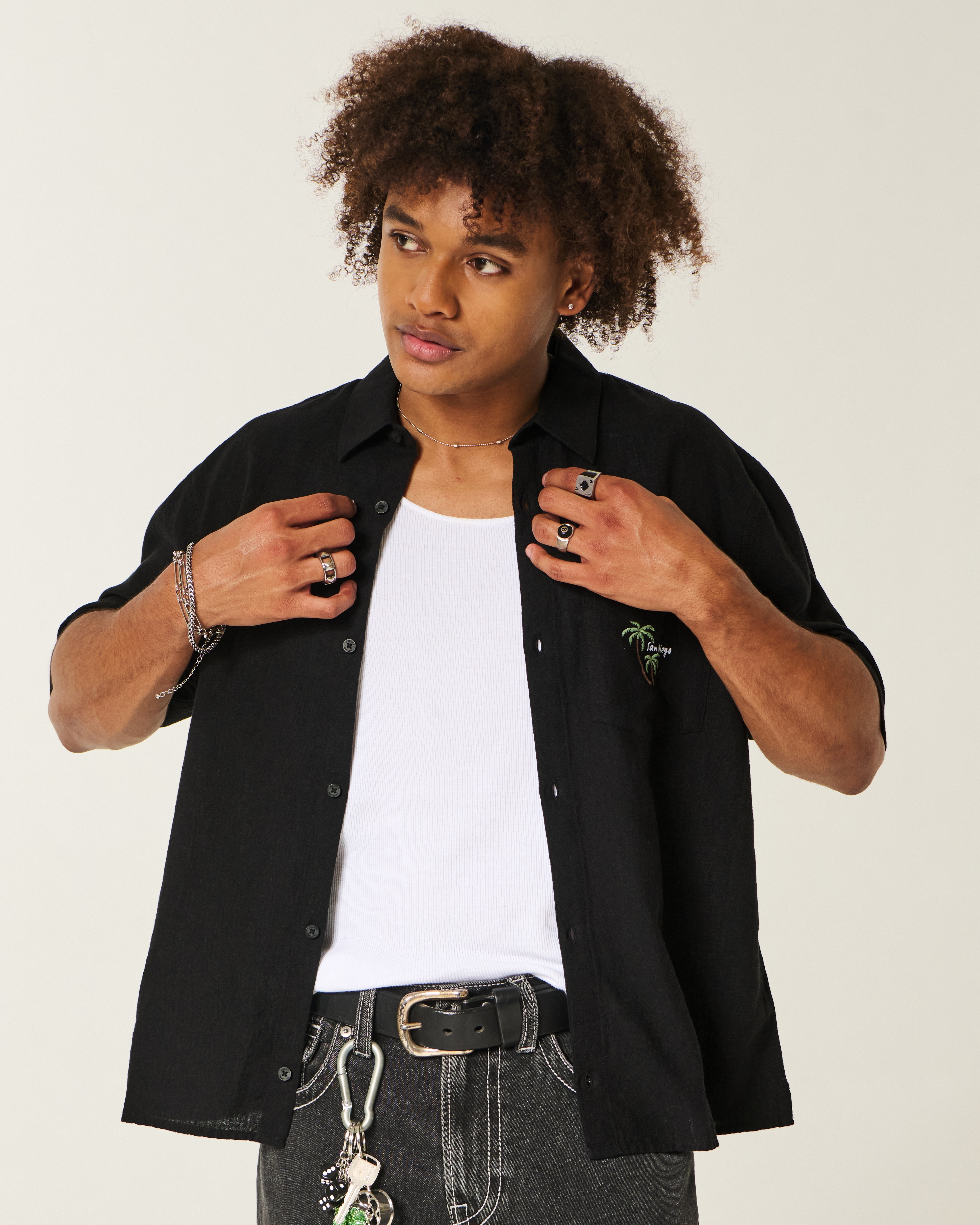 Мужские рубашки Hollister Boxy Linen-Blend Short-Sleeve San Diego Graphic Shirt — фото 2