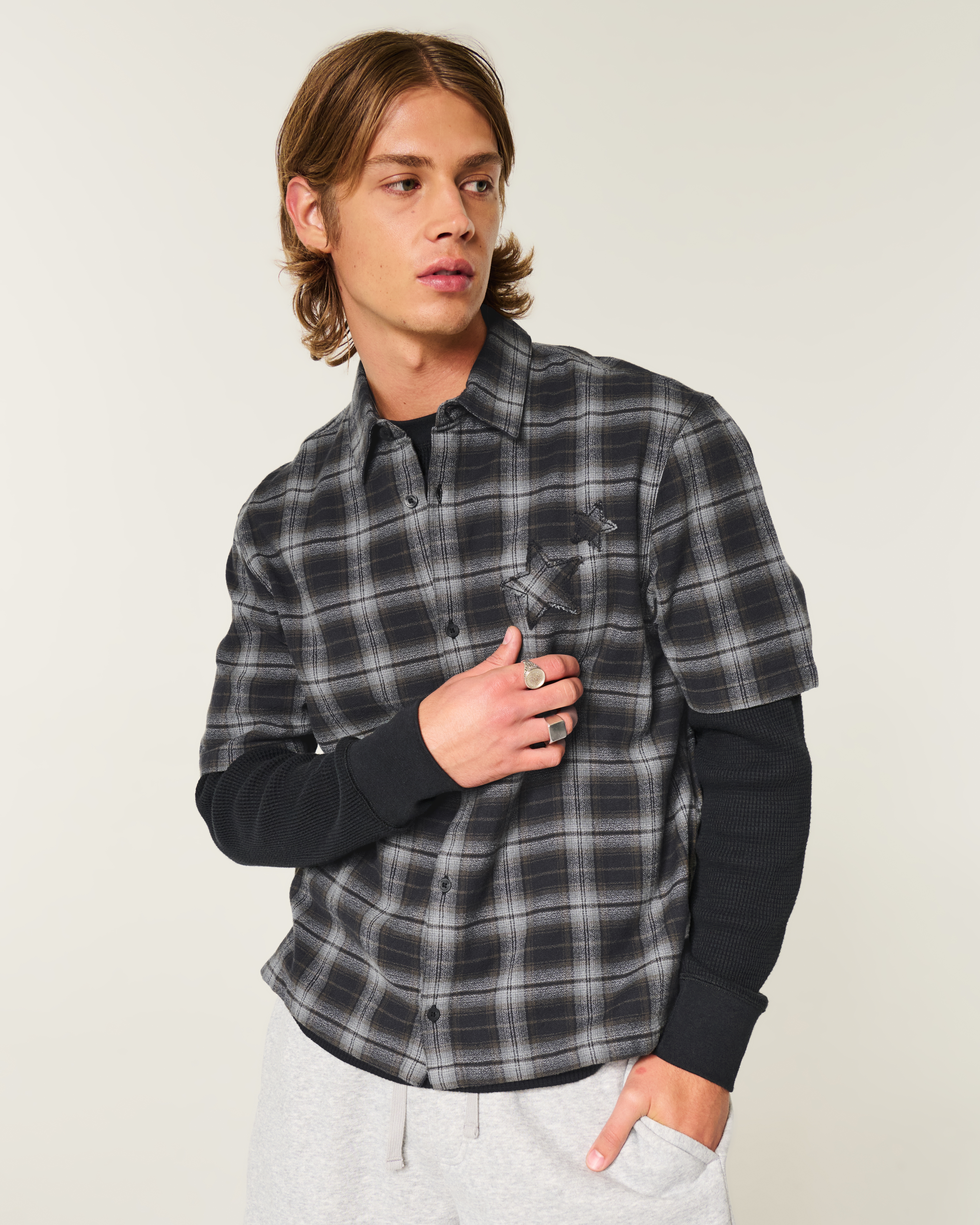 Мужские рубашки Hollister Boxy Star Applique Check Pattern Shirt — фото 2