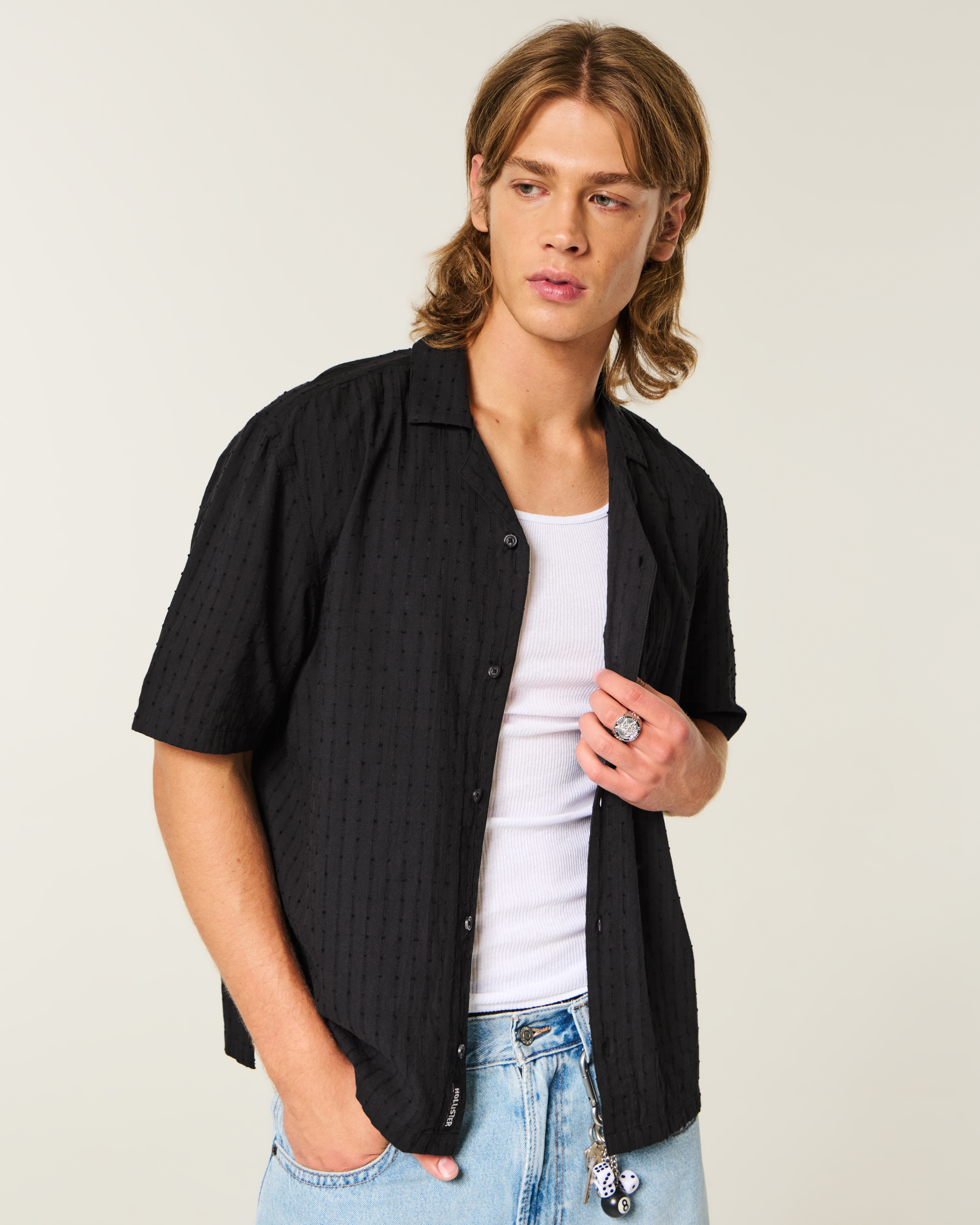 Мужские рубашки Hollister Boxy Short-Sleeve Textural Cotton Shirt — фото 2