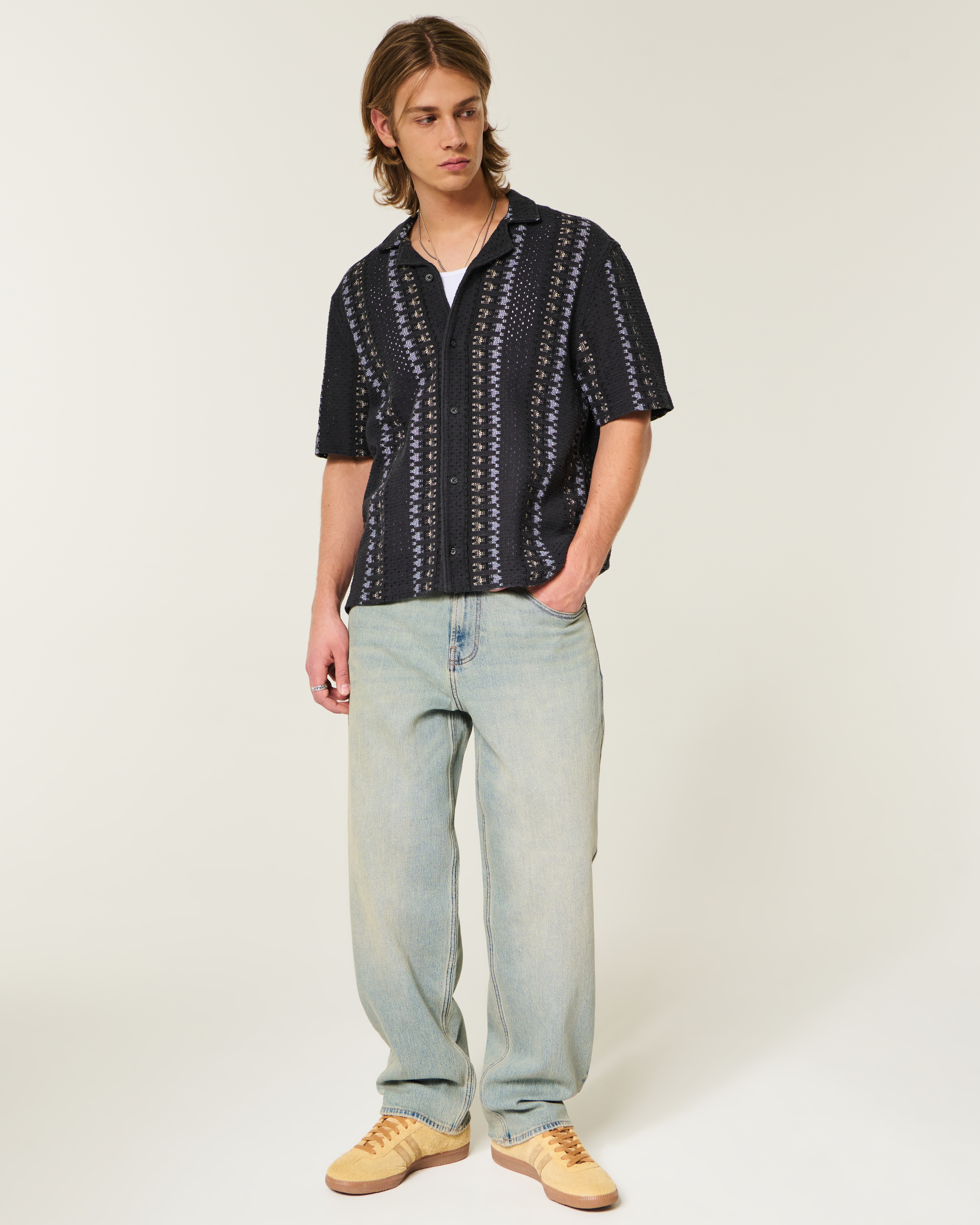 Мужские рубашки Hollister Boxy Short-Sleeve Crochet-Style Shirt — фото 3