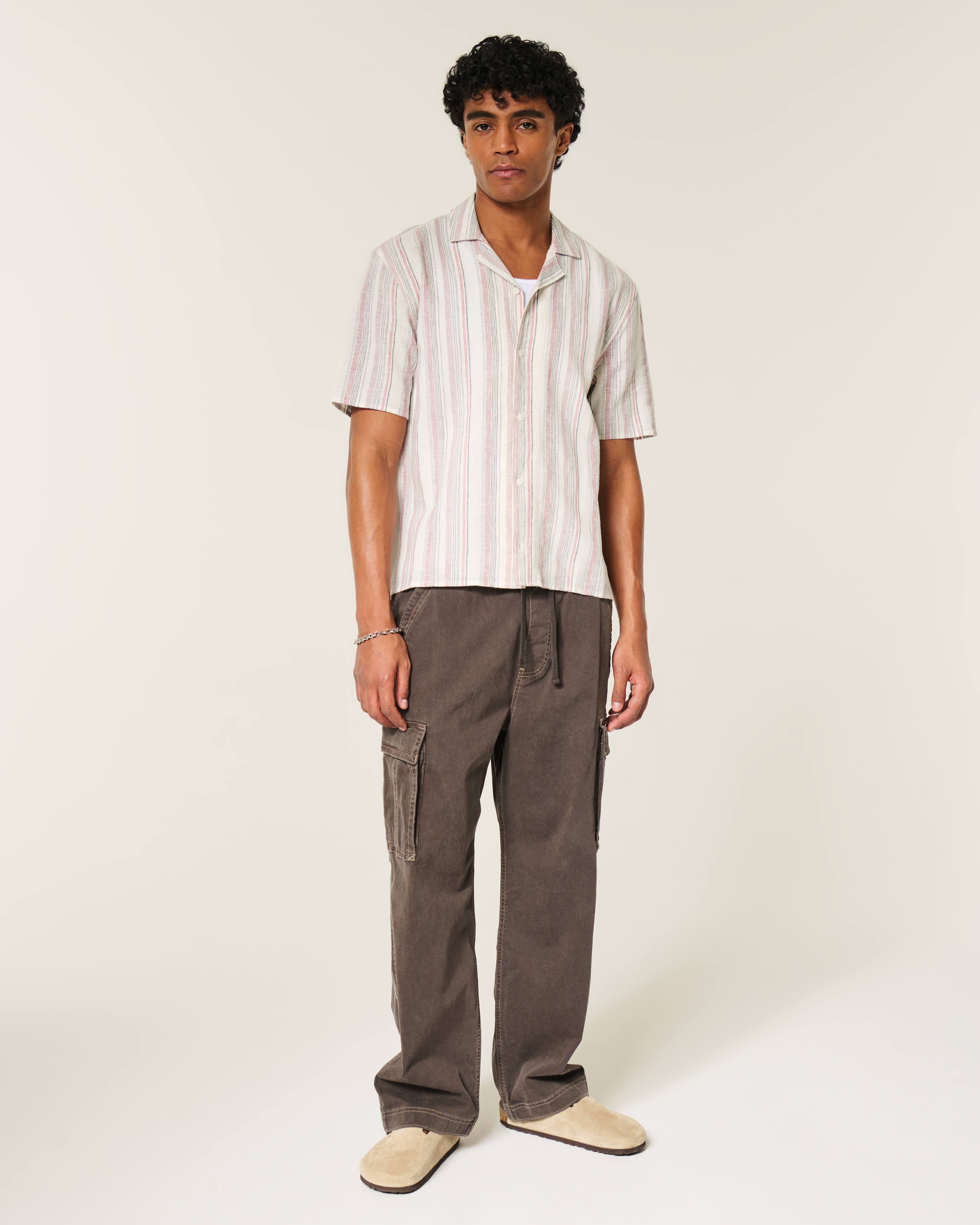 Мужская рубашка Hollister Boxy Short-Sleeve Linen-Blend, цвет: Кремовый полосатый — фото 3