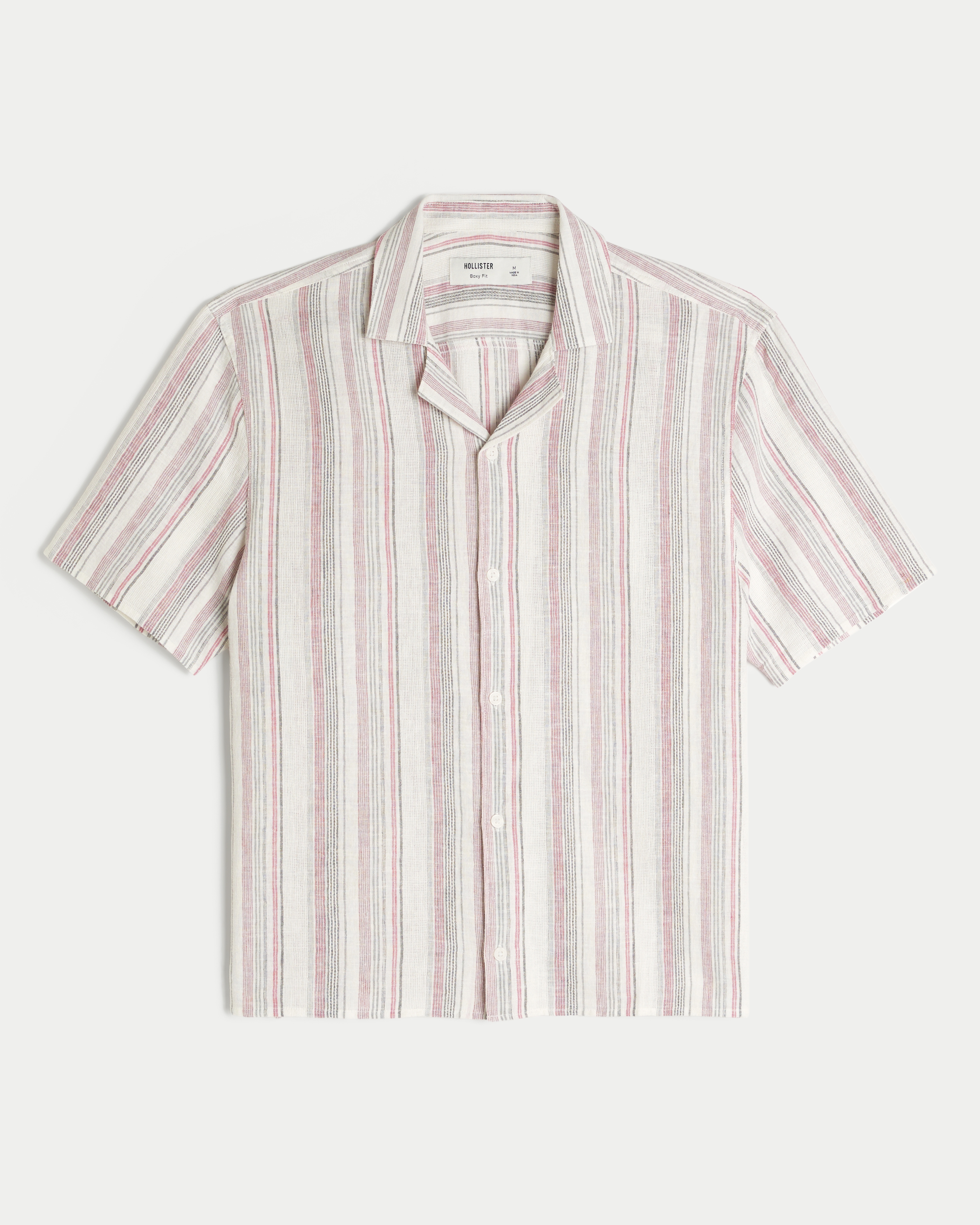 Мужская рубашка Hollister Boxy Short-Sleeve Linen-Blend, цвет: Кремовый полосатый