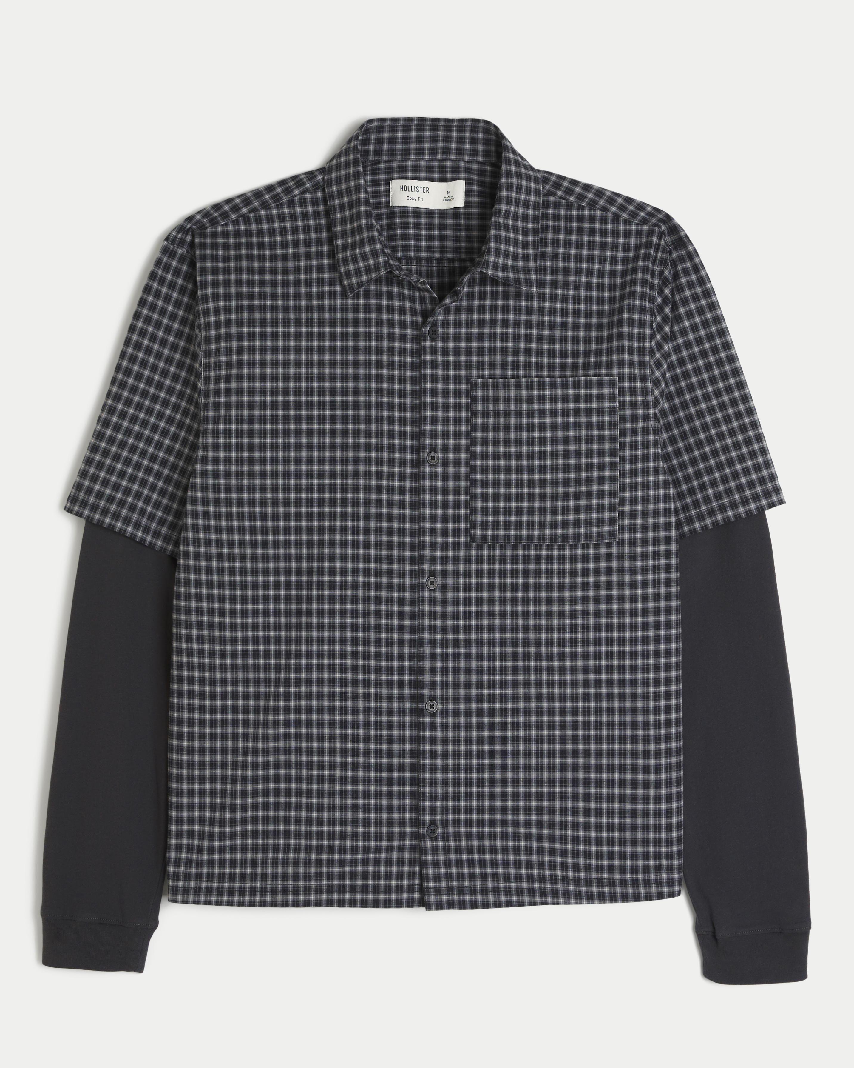 Мужская рубашка Hollister Boxy Layered 2-in-1 Graphic, цвет: Чёрный клетчатый