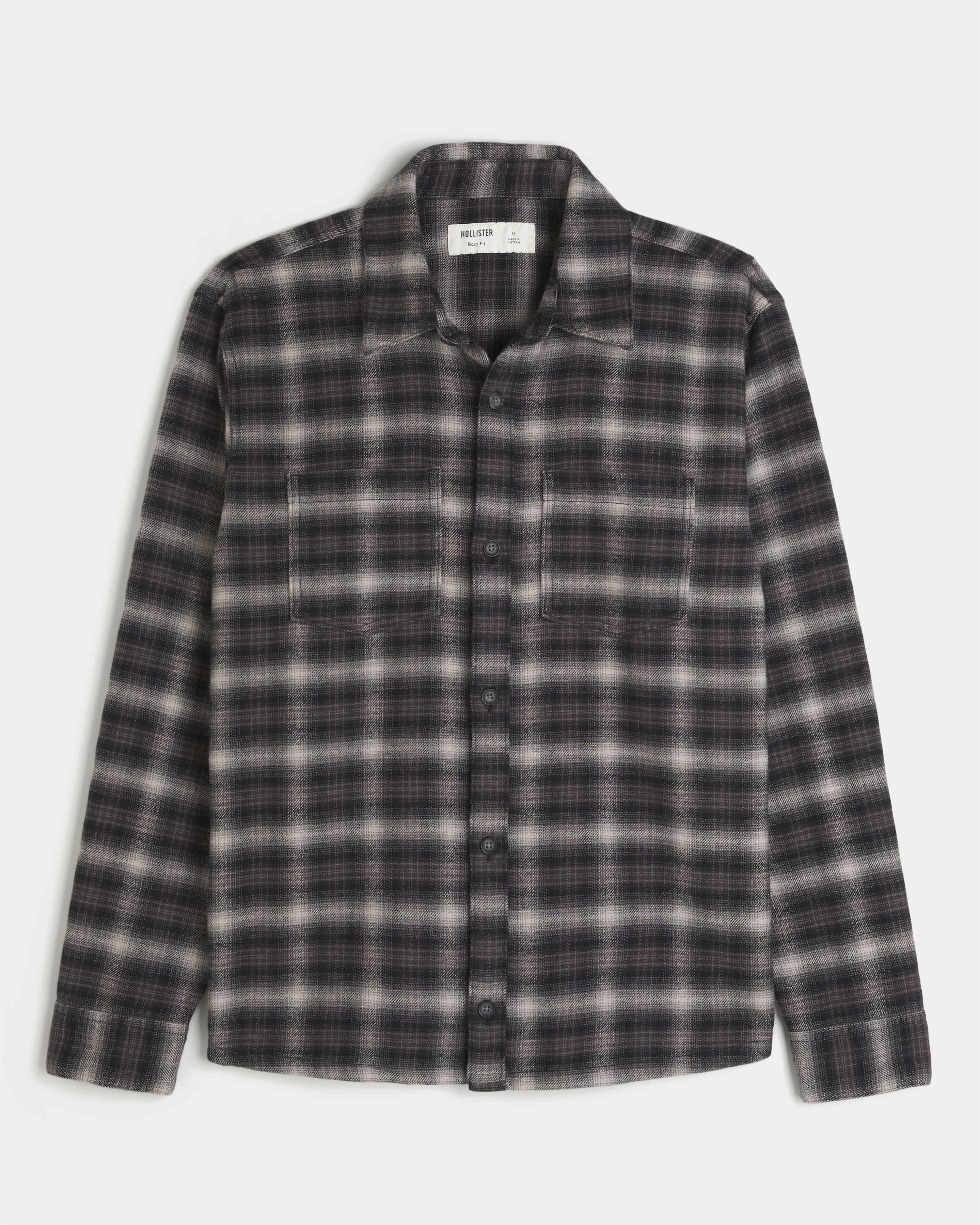 Мужская рубашка Hollister Boxy Brushed Flannel, цвет: Чёрный клетчатый
