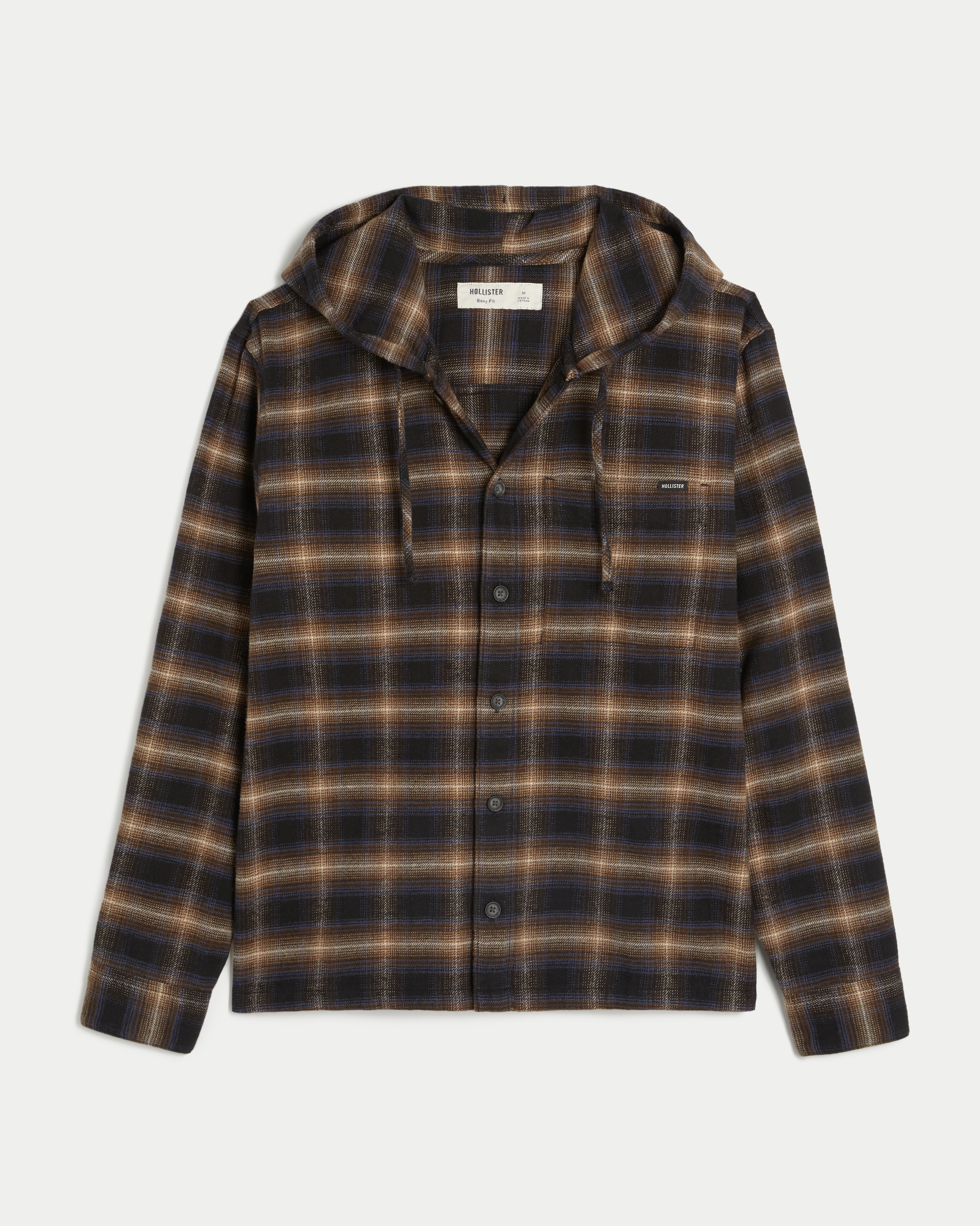 Мужская рубашка Hollister Boxy Hooded Flannel, цвет: Чёрный — фото 1