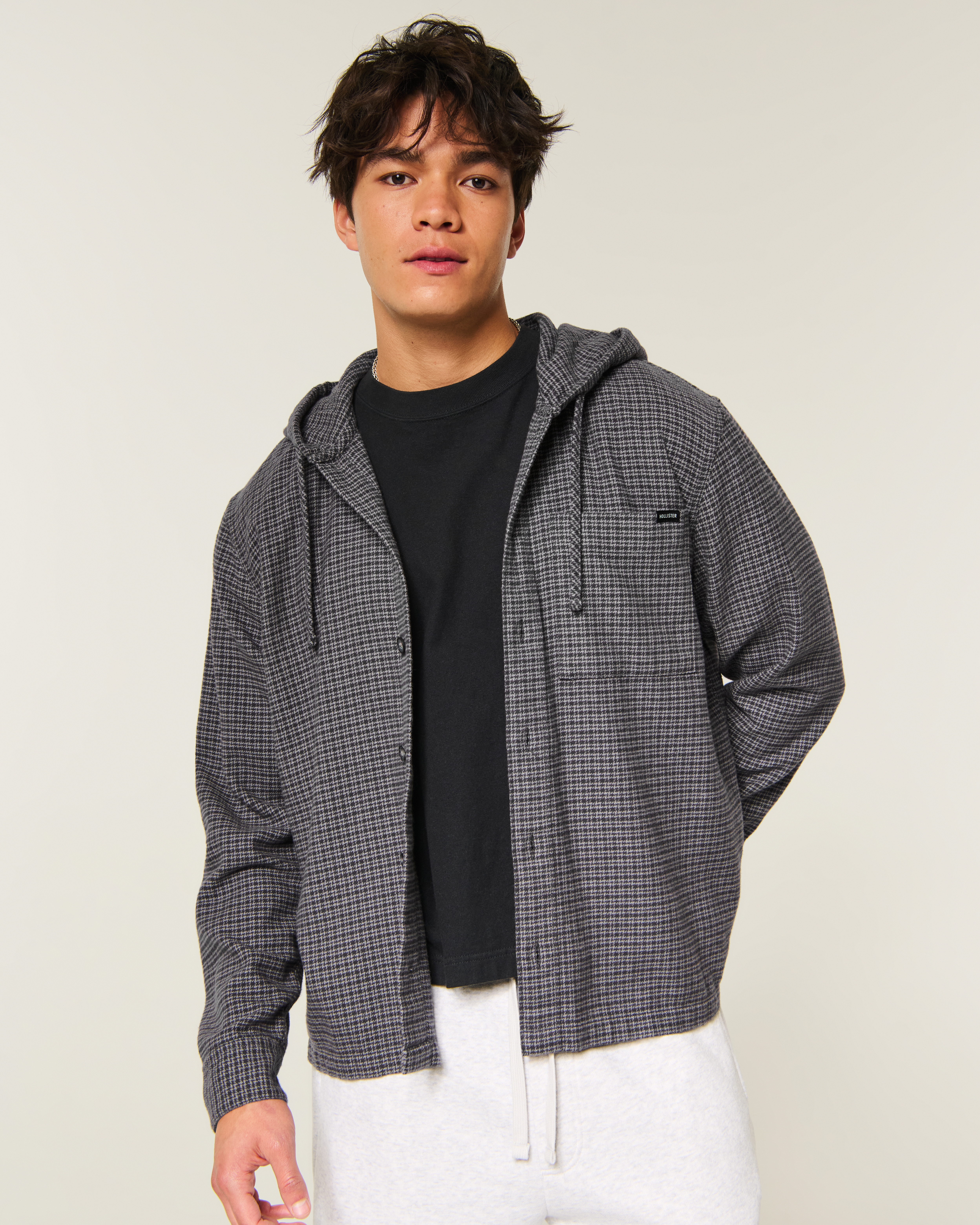 Мужские рубашки Hollister Boxy Hooded Button-Through Flannel Shirt — фото 2