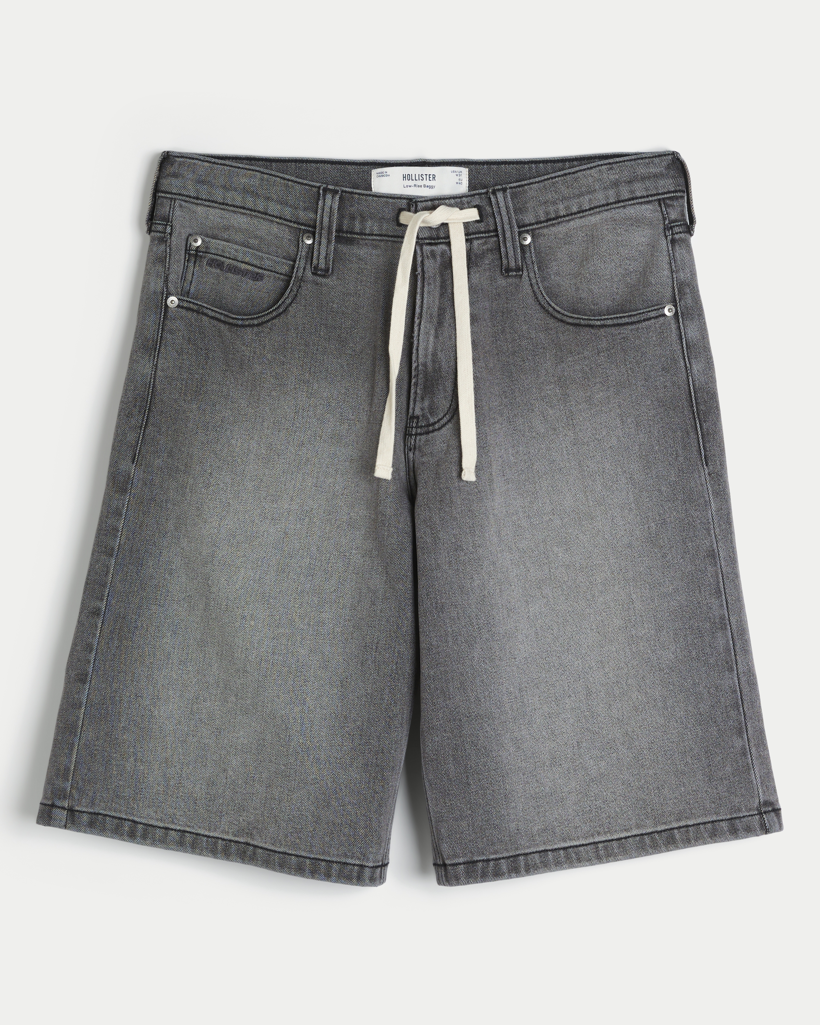Мужские шорты Hollister Low-Rise Drawstring Waist Baggy Jean, цвет: Чёрный варёный — фото 1