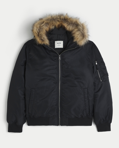 Мужские куртки Hollister Faux Fur Trim Zip-Up Bomber Jacket