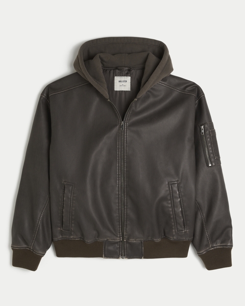 Мужские куртки Hollister Hooded Faux Leather Bomber Jacket
