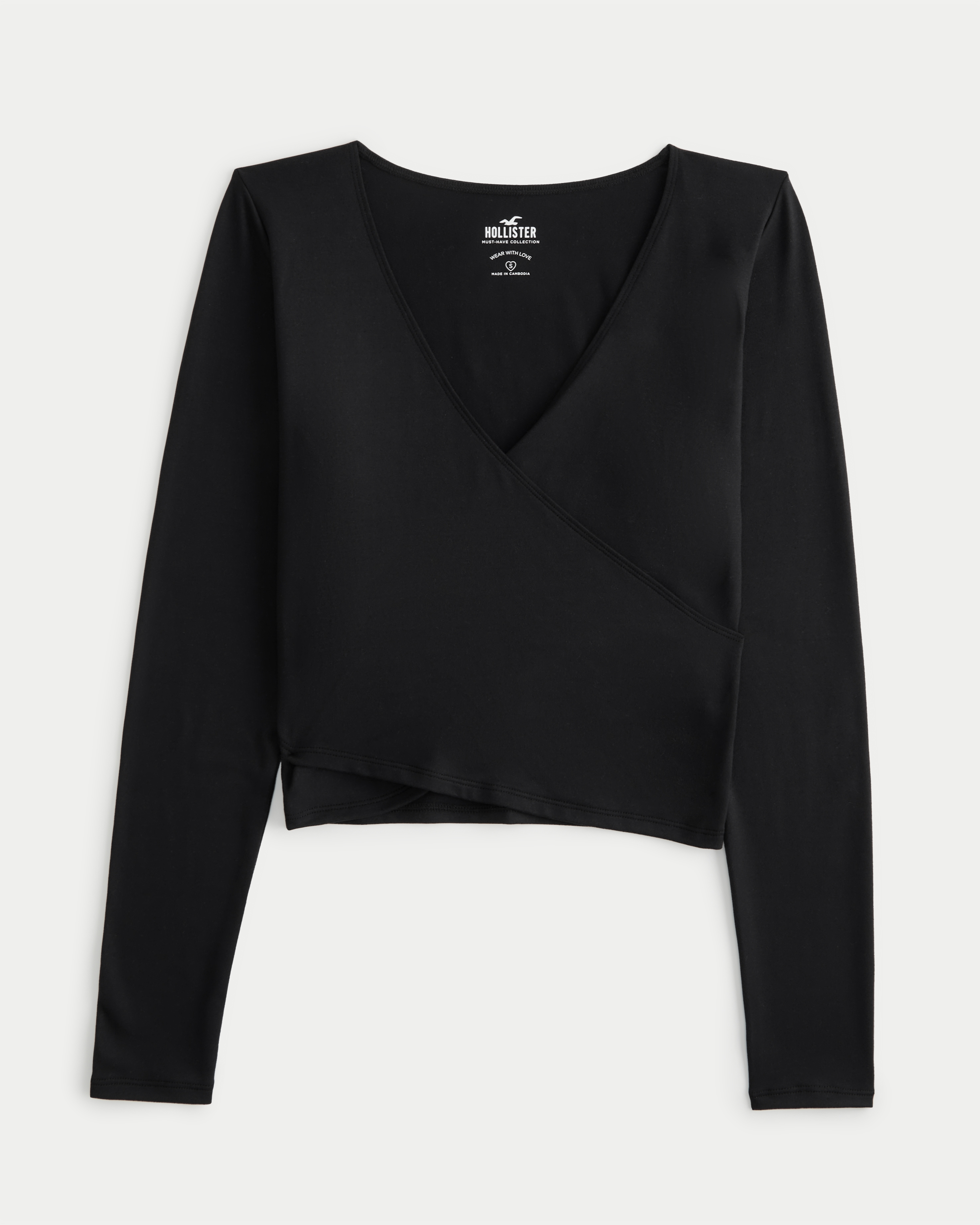 Женский топ Hollister Long-Sleeve Seamless Fabric Wrap Top, цвет: Чёрный — фото 1