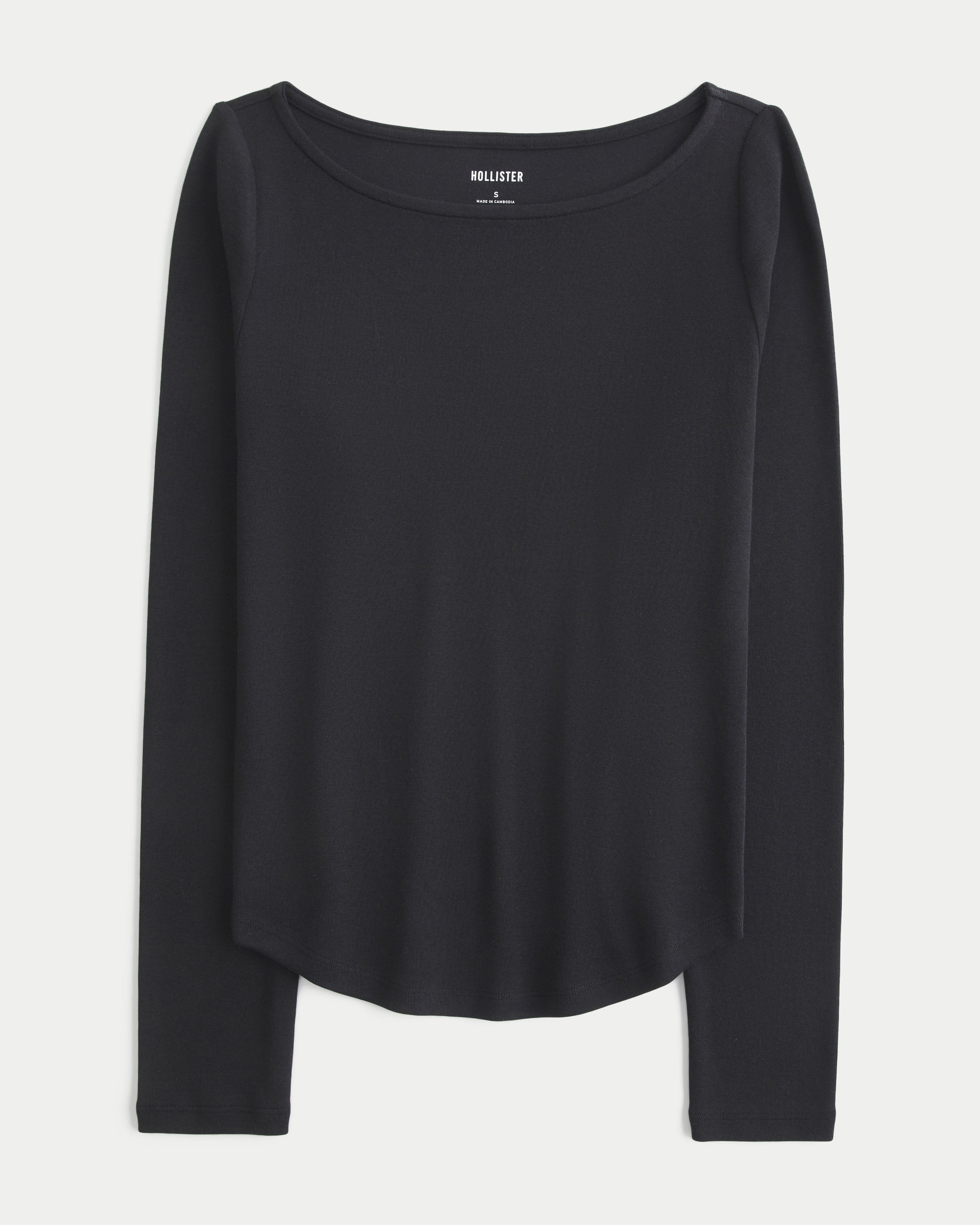 Женская футболка Hollister Long-Sleeve Slash-Neck Baby Tee, цвет: Чёрный — фото 1