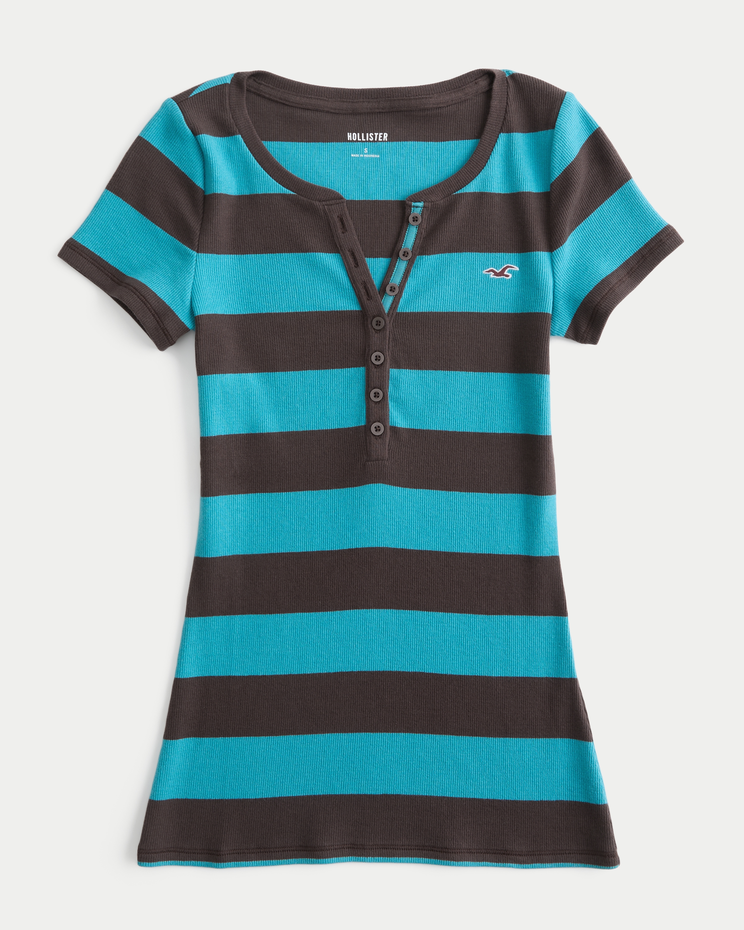 Женский топ Hollister Short-Sleeve Logo Graphic Henley, цвет: Коричневый полосатый