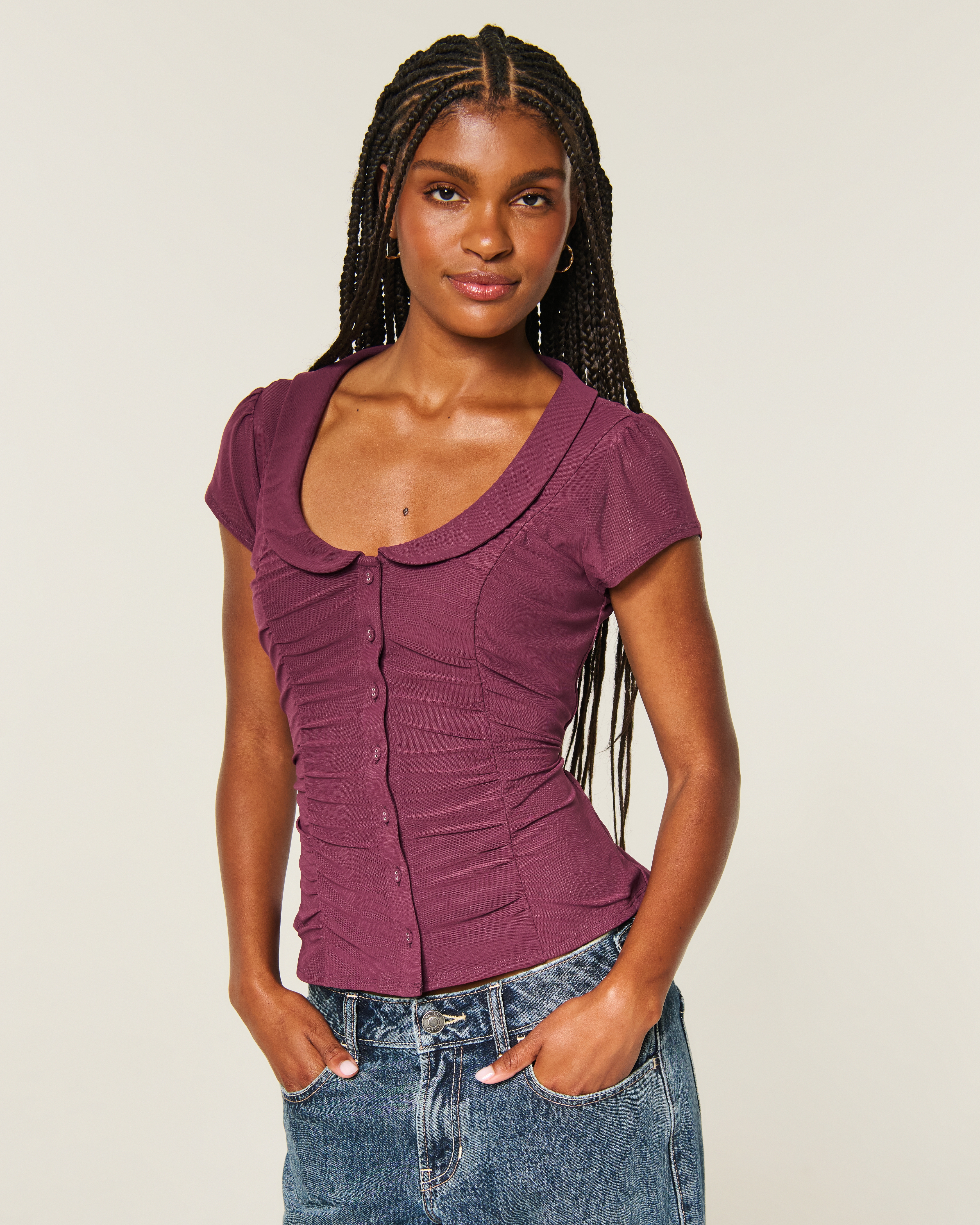Женские рубашки Hollister Short-Sleeve Mesh Peter Pan Collar Shirt — фото 2