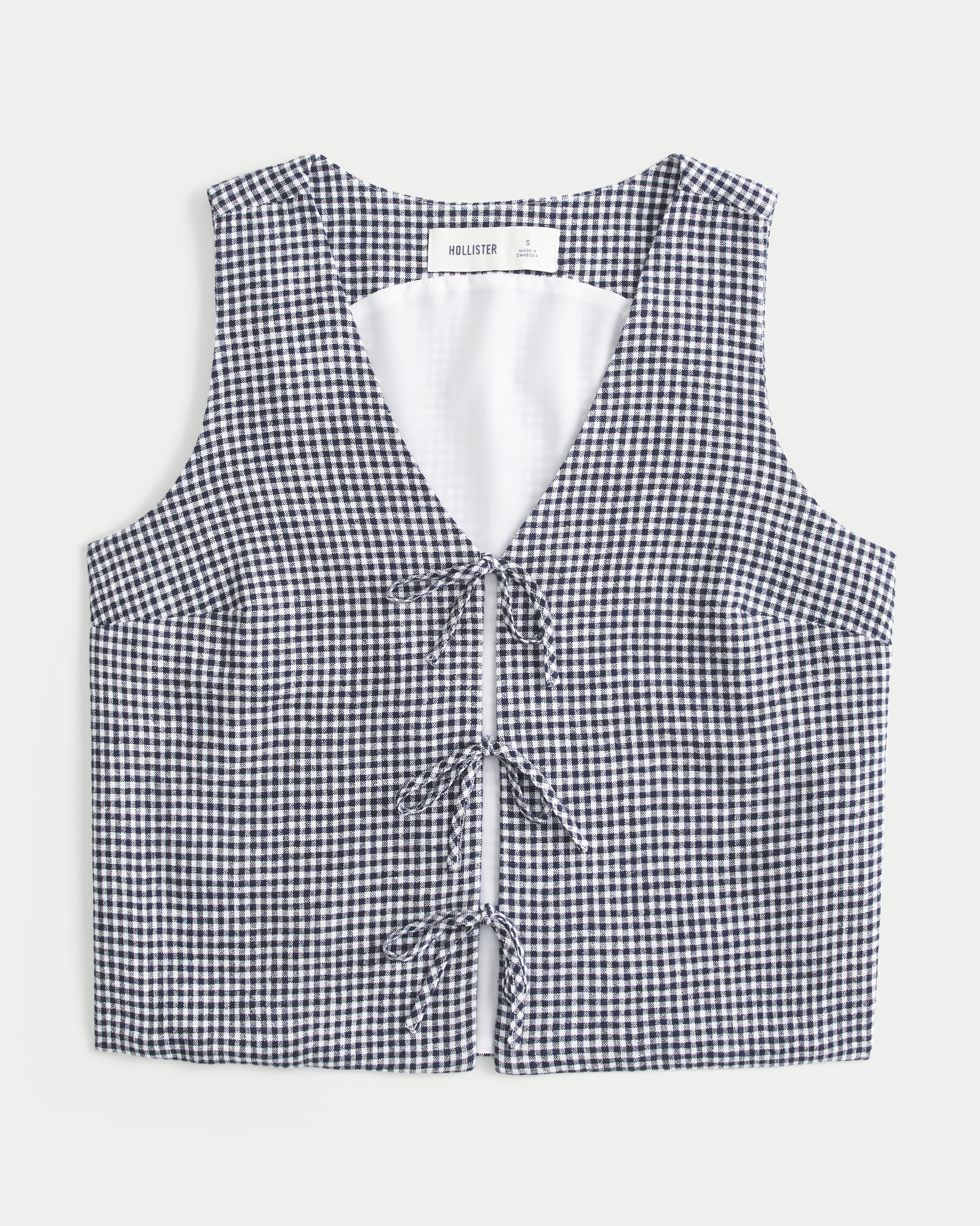 Женский жилет Hollister Easy Linen-Blend Tie-Front Vest, цвет: Тёмно-синий клетчатый — фото 1