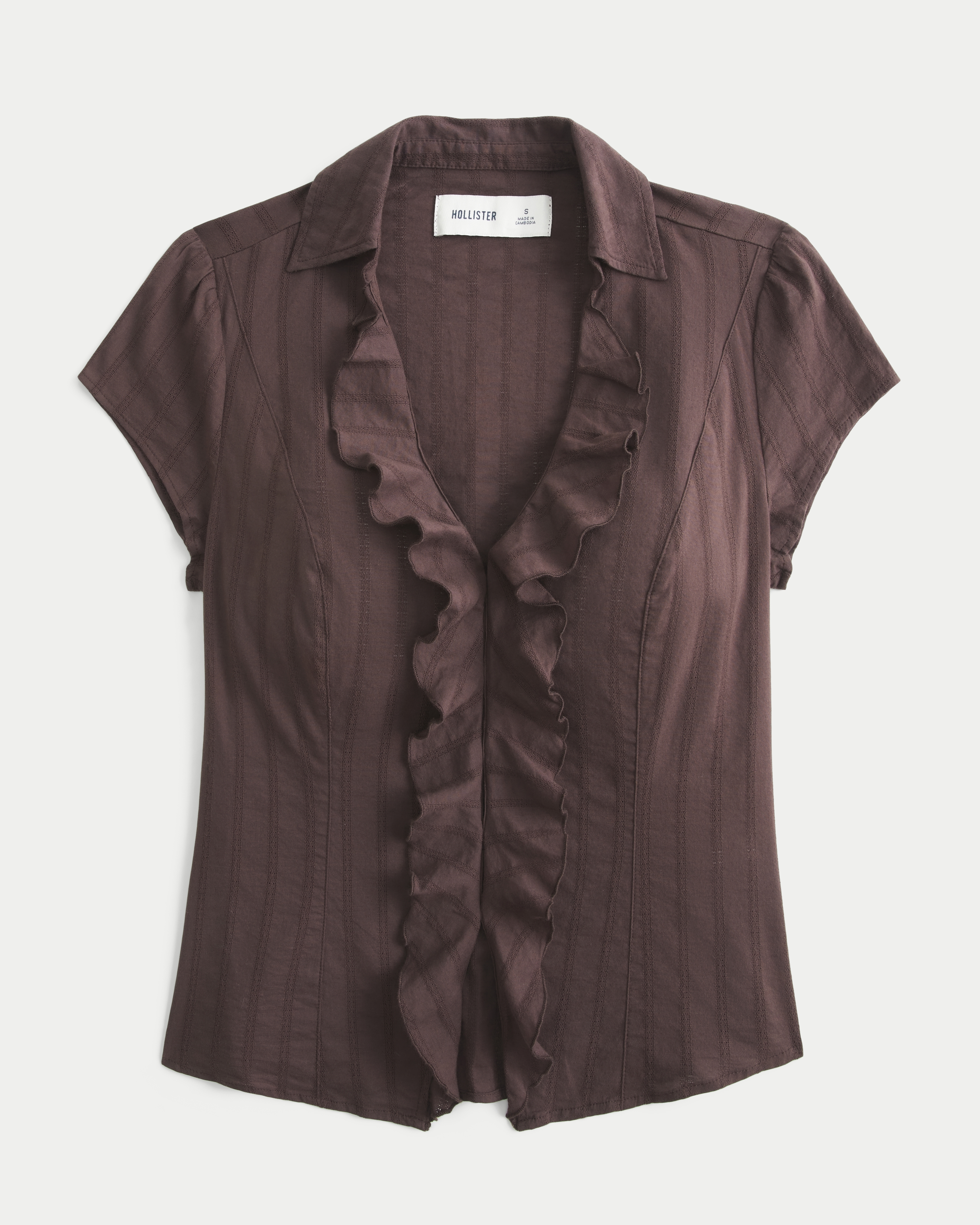 Женская рубашка Hollister Short-Sleeve Flyaway Ruffle, цвет: Коричневый