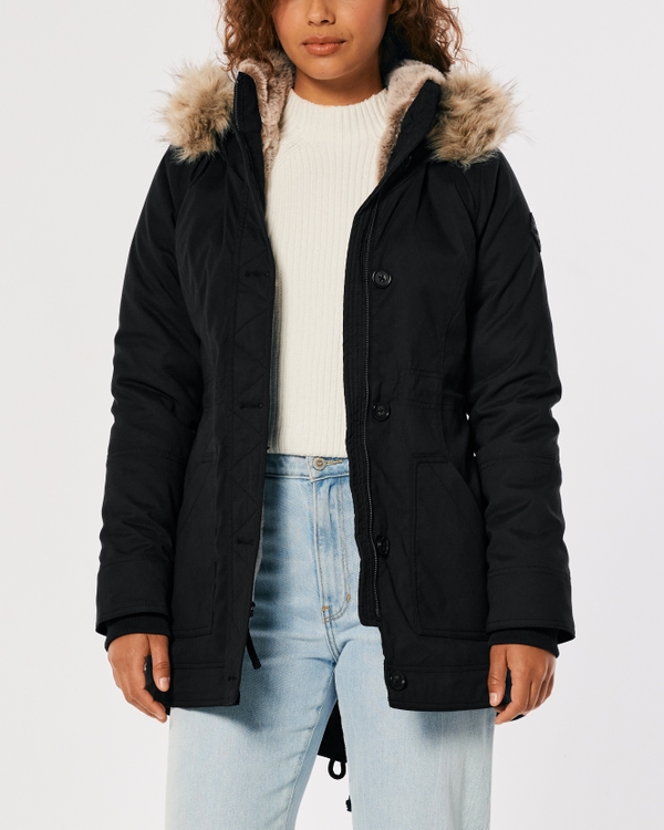 Faux Fur-Lined Cozy Parka, BLACK