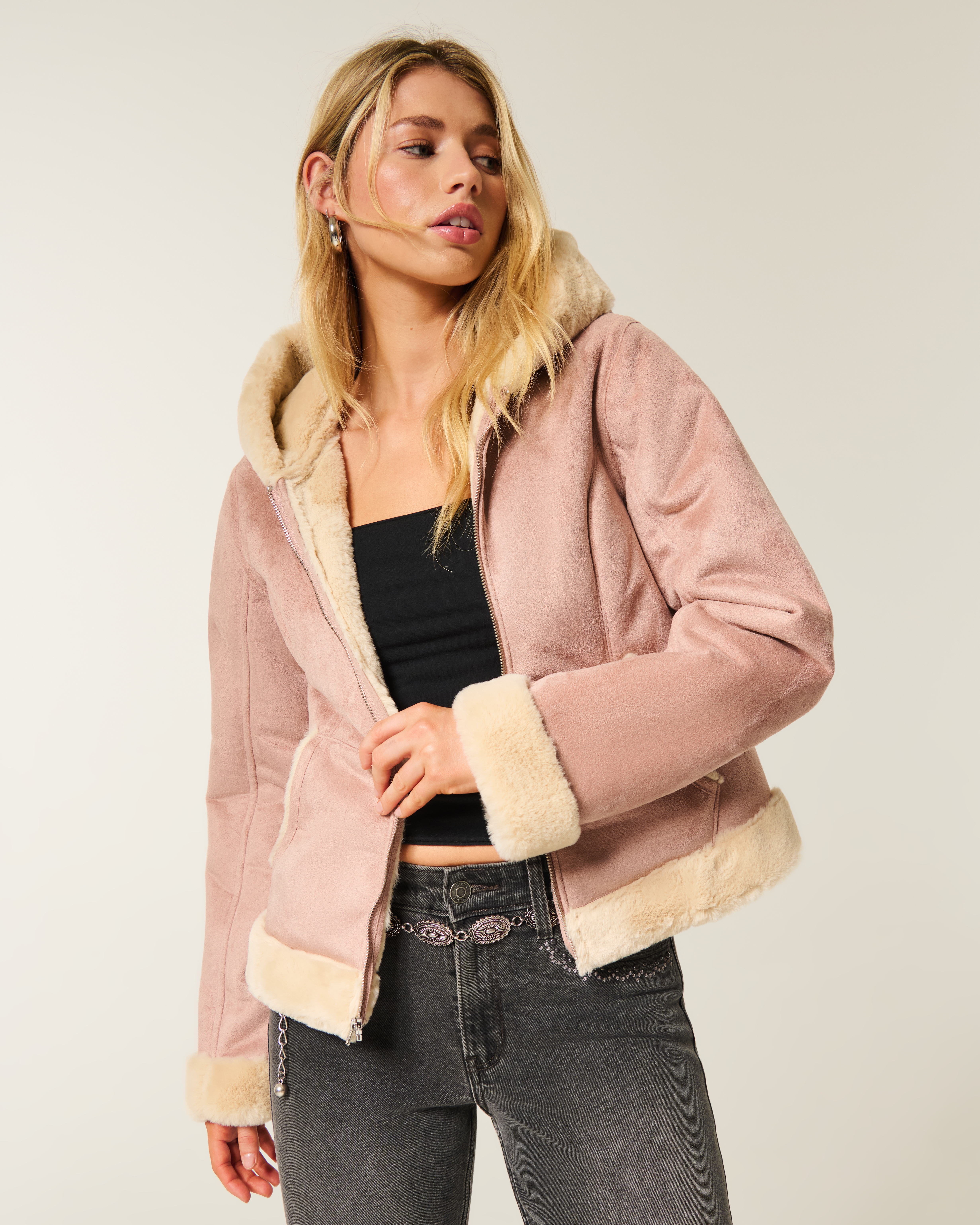 Женские худи Hollister Faux Fur-Lined Faux Shearling Jacket — фото 2