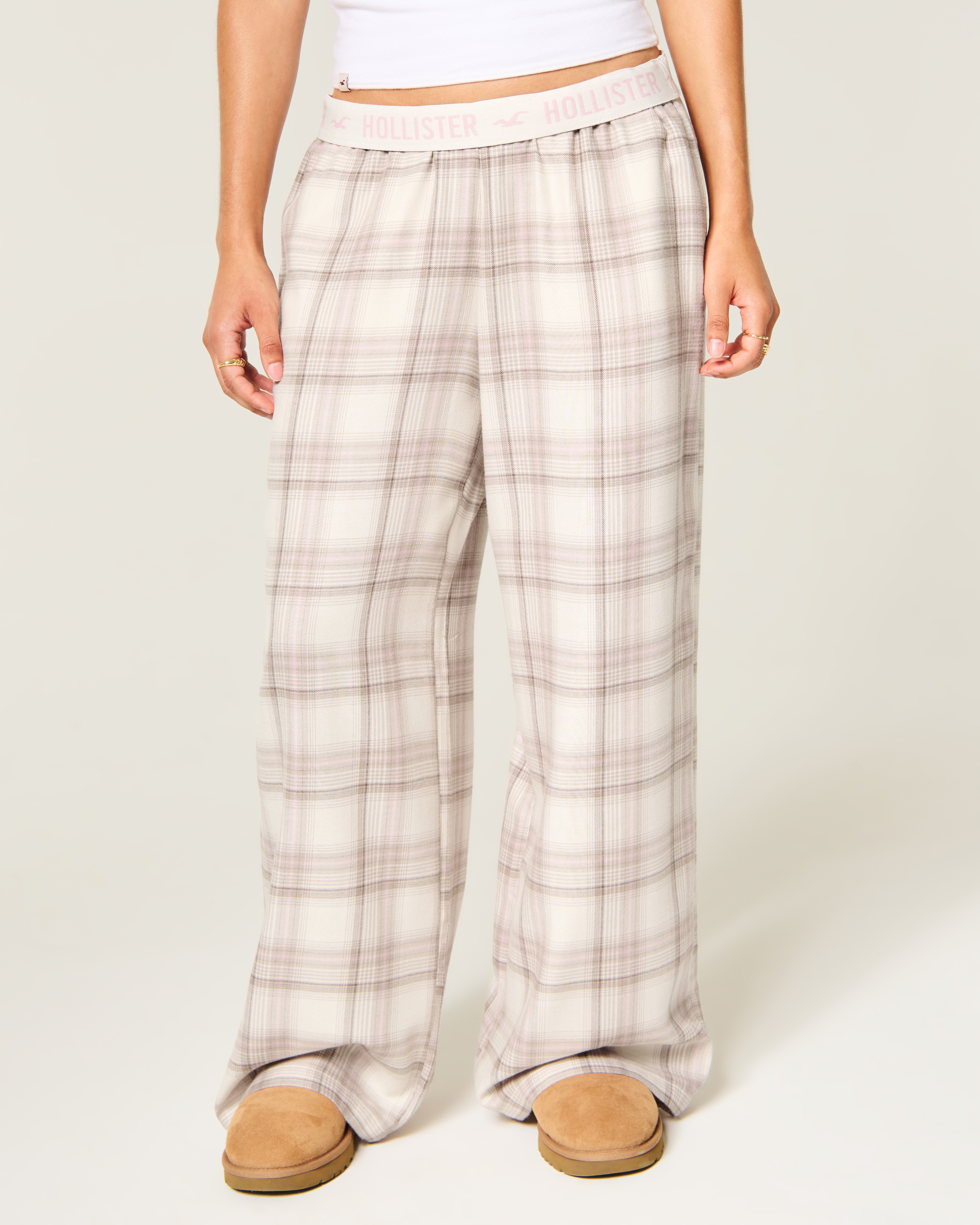 Женские брюки Hollister Low-Rise Logo Waist Flannel, цвет: Кремовый клетчатый — фото 3