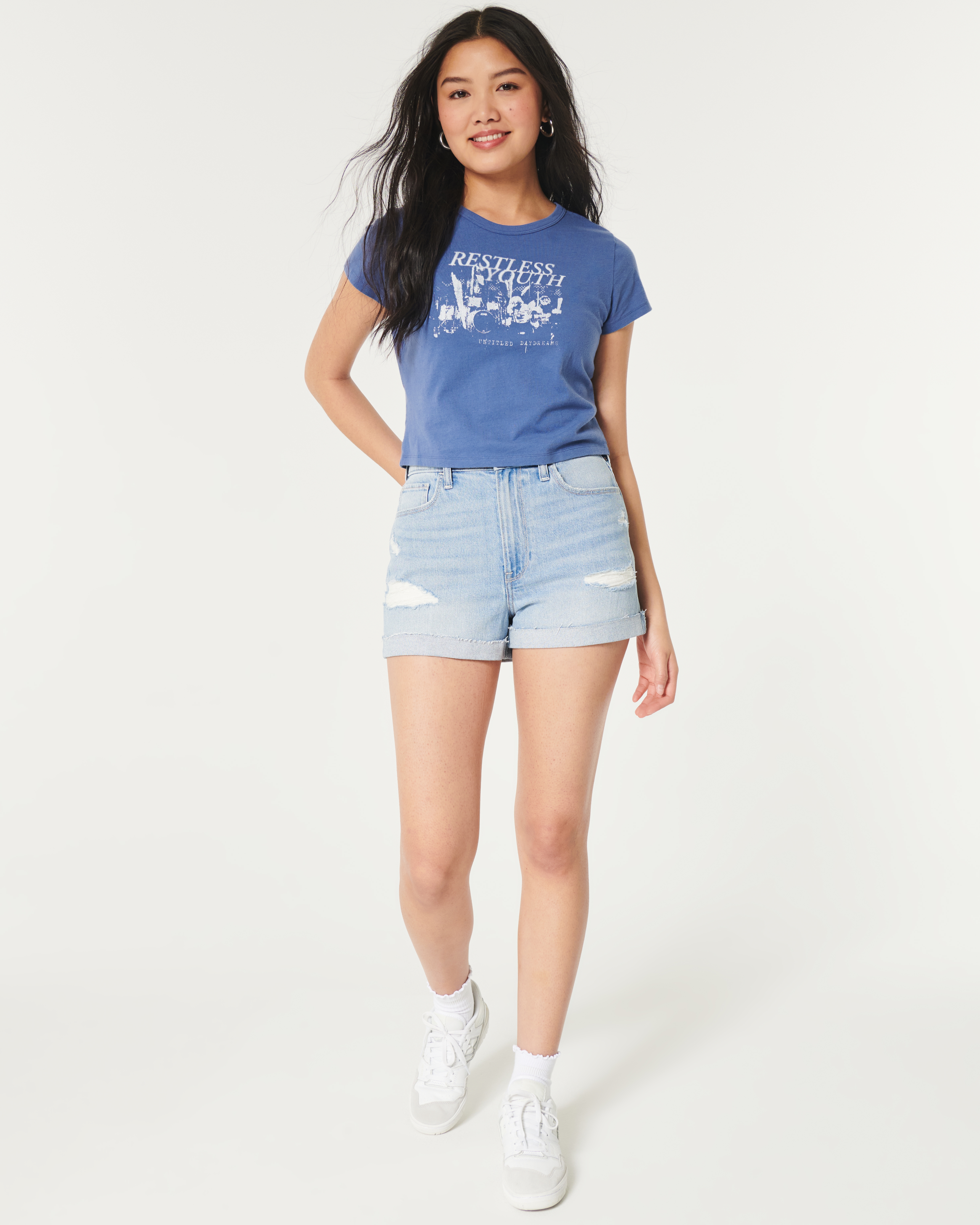 Женские шорты Hollister Ultra High-Rise Ripped Light Wash Denim Mom, цвет: Светлый средний варёный — фото 3