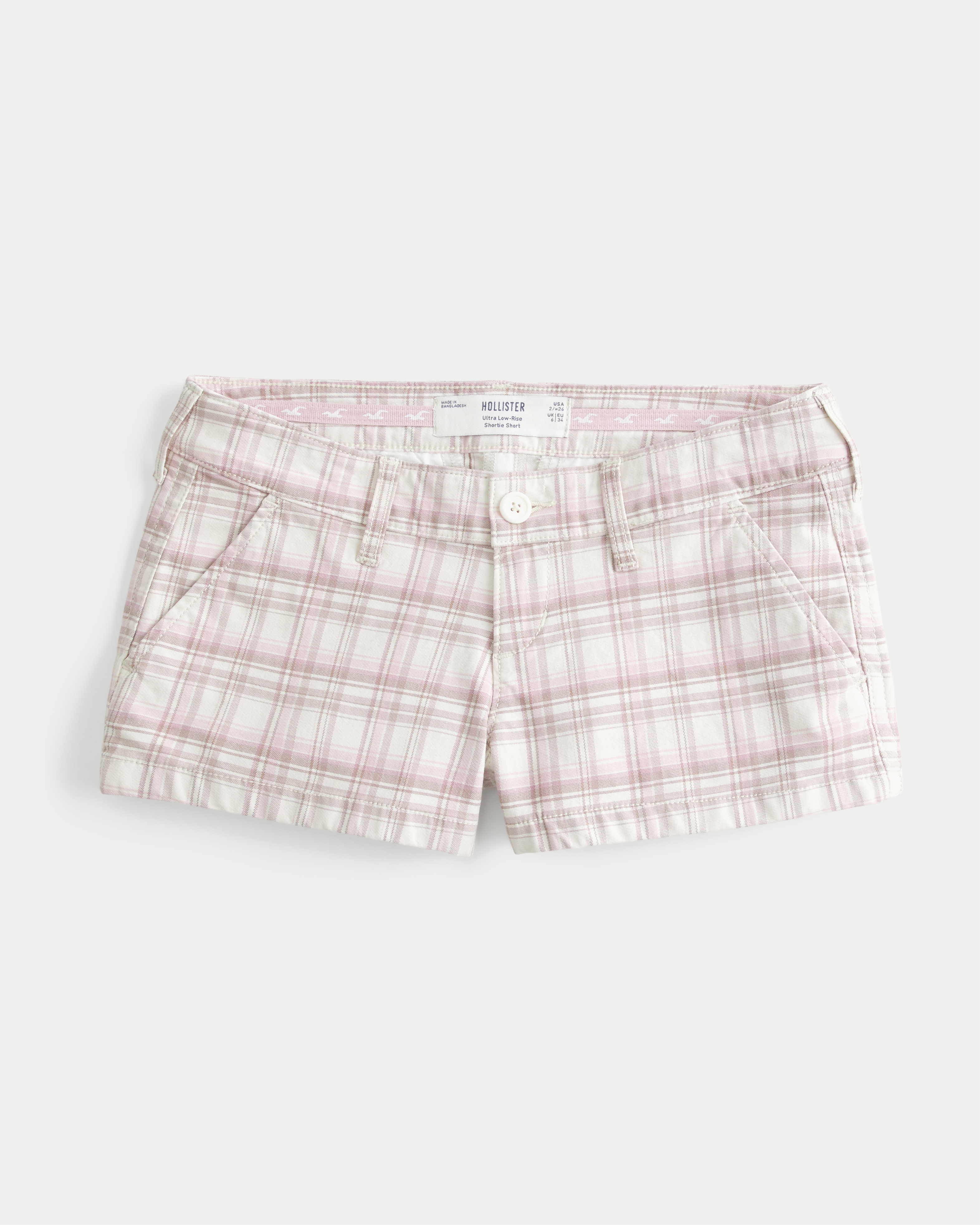 Женские шорты Hollister Ultra Low-Rise Plaid Twill Shortie, цвет: Светлый розовый клетчатый