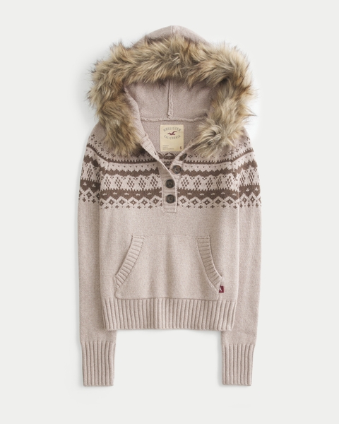 Женские свитеры Hollister Faux Fur Trim Hooded Henley Sweater
