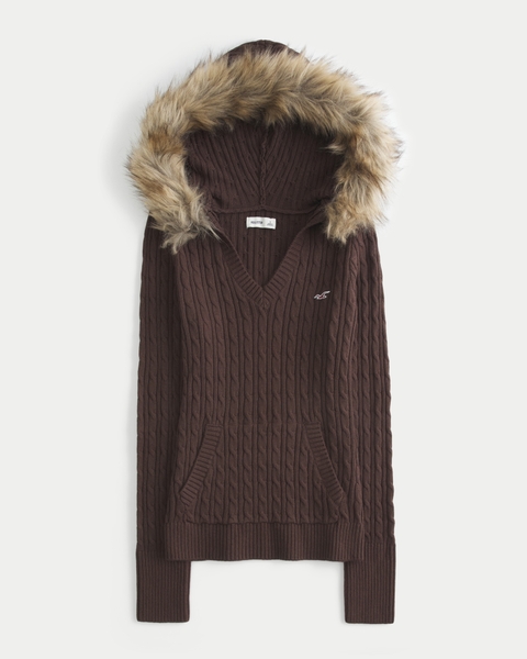Женские свитеры Hollister Faux Fur Trim Hooded Cable-Knit Sweater