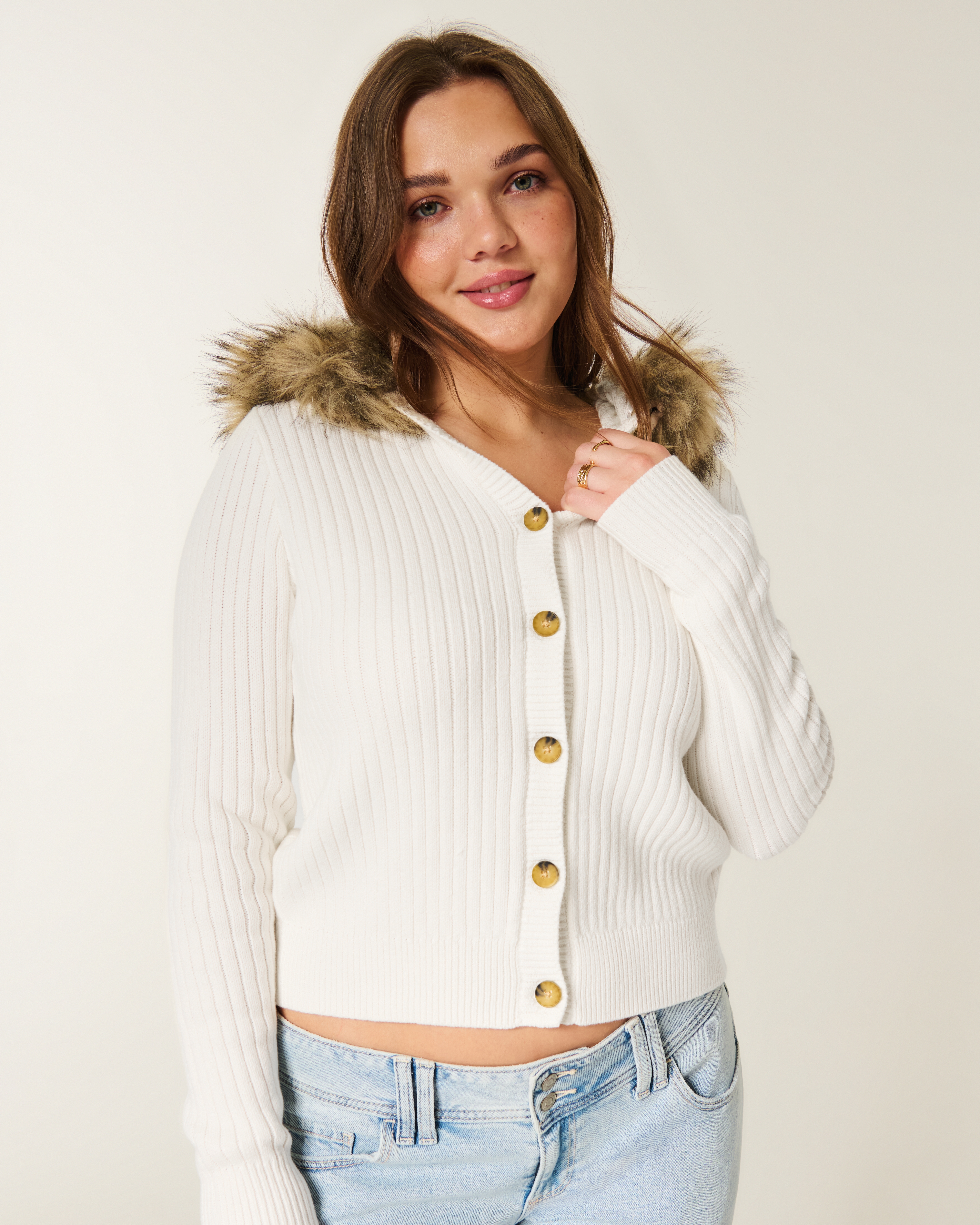 Женские кардиганы Hollister Hooded Faux Fur Trim Cardigan — фото 2