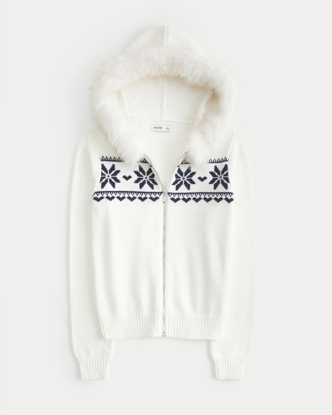 Женские свитеры Hollister Hooded Faux Fur trim Fair Isle Zip-Up Sweater