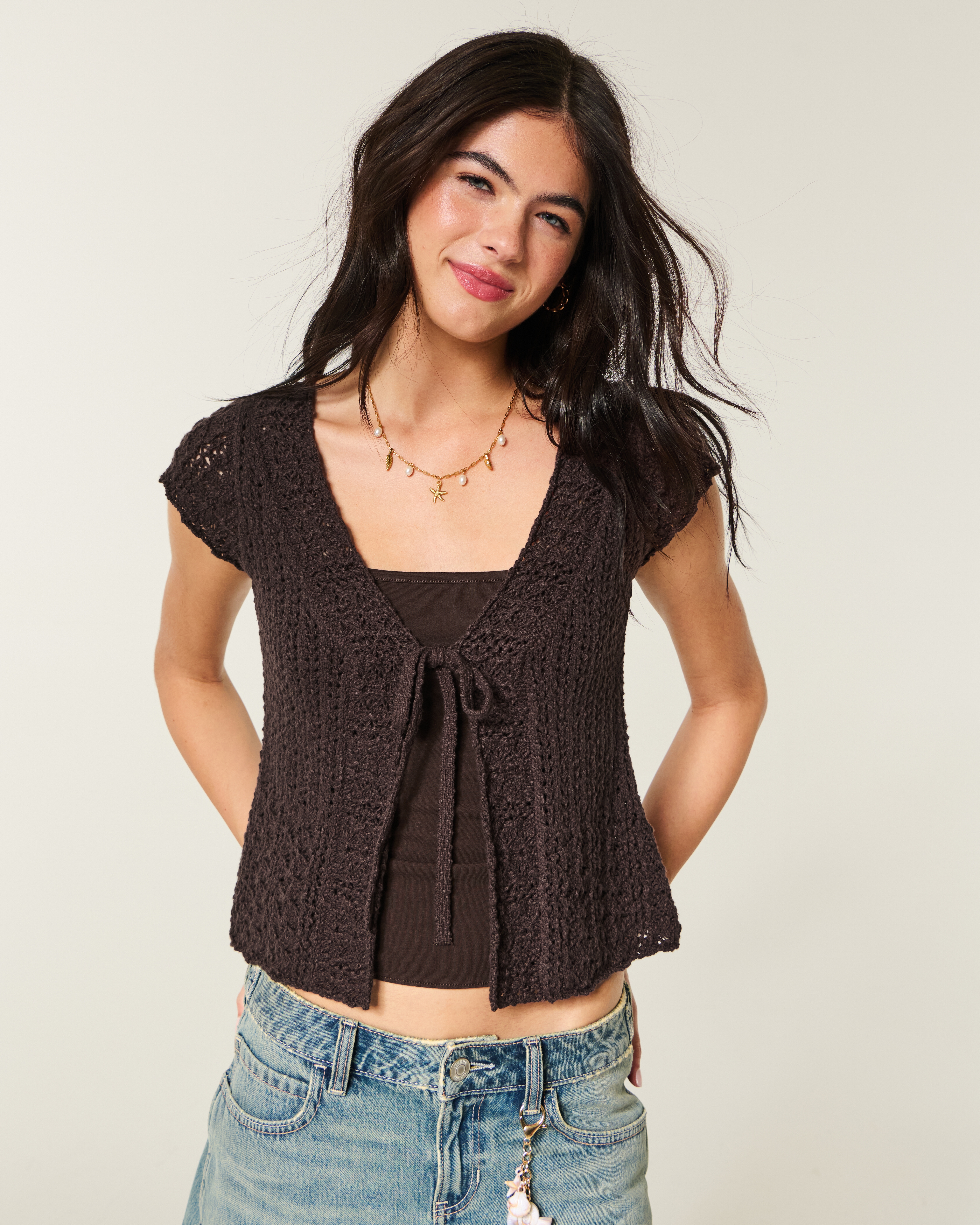 Женские кардиганы Hollister Short Sleeve Tie Front Open Stitch Cardigan — фото 2