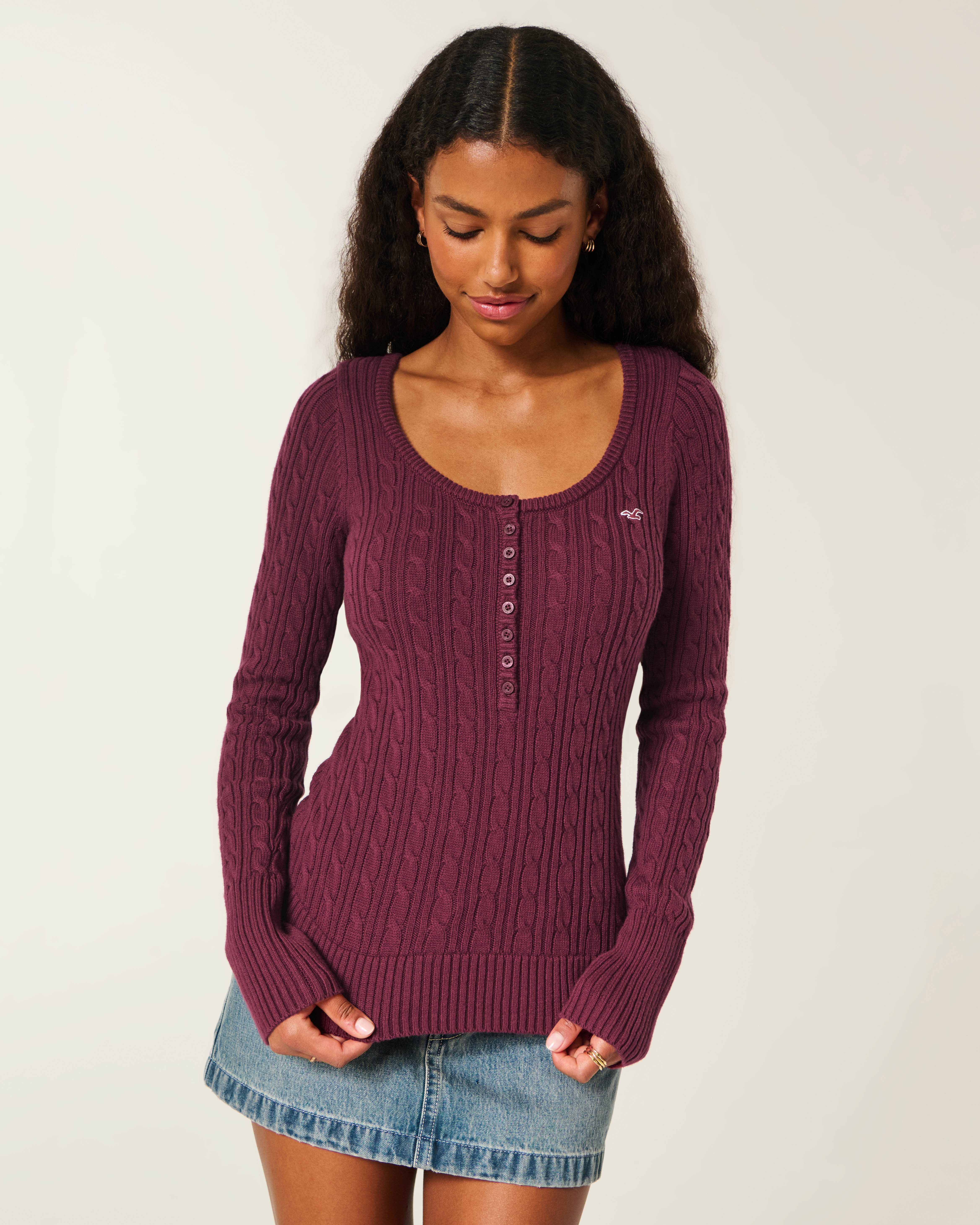 Женские свитеры Hollister Cable-Knit Icon Henley Sweater — фото 2