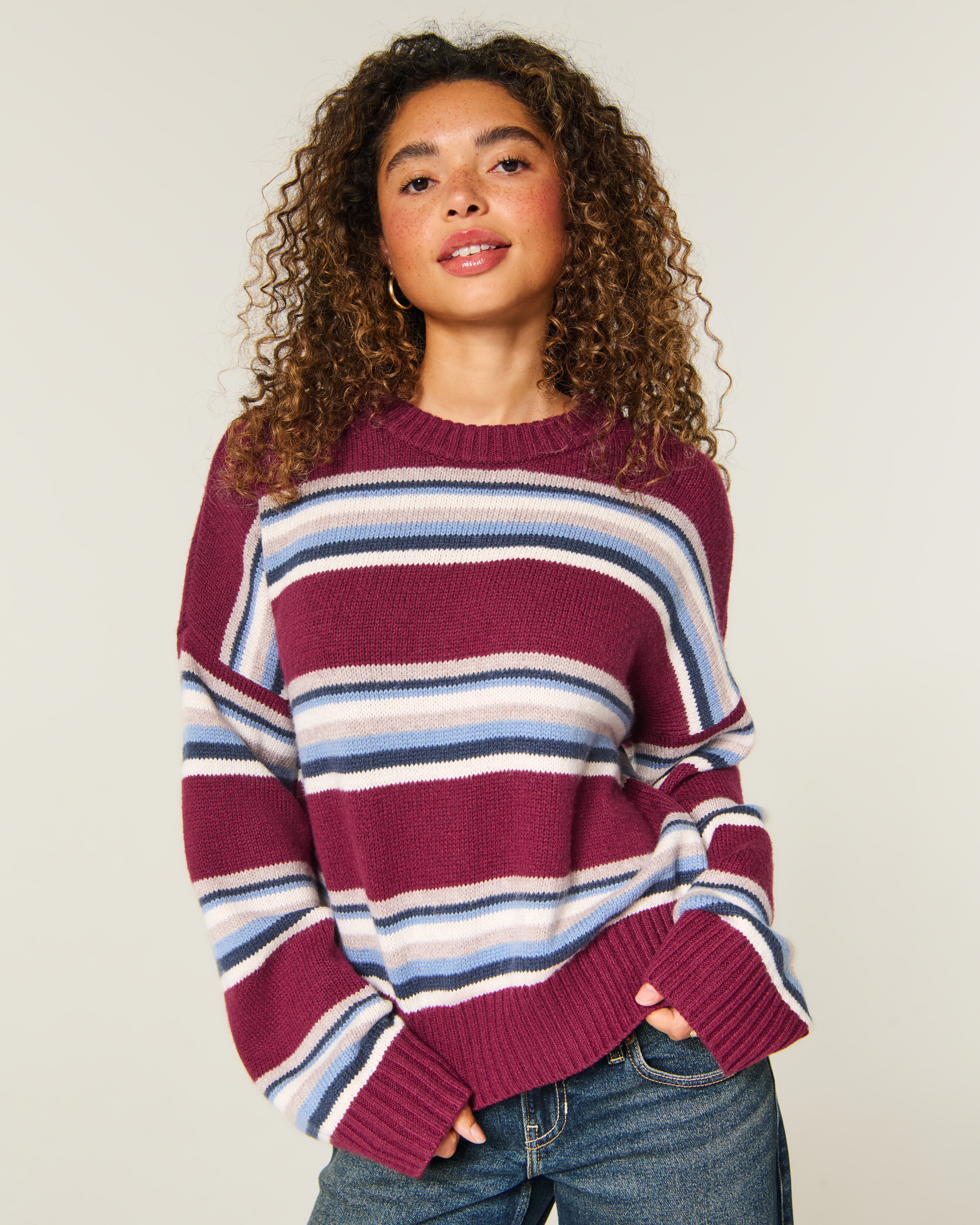 Женский свитер Hollister Rory Crew, цвет: Бордовый полосатый — фото 2