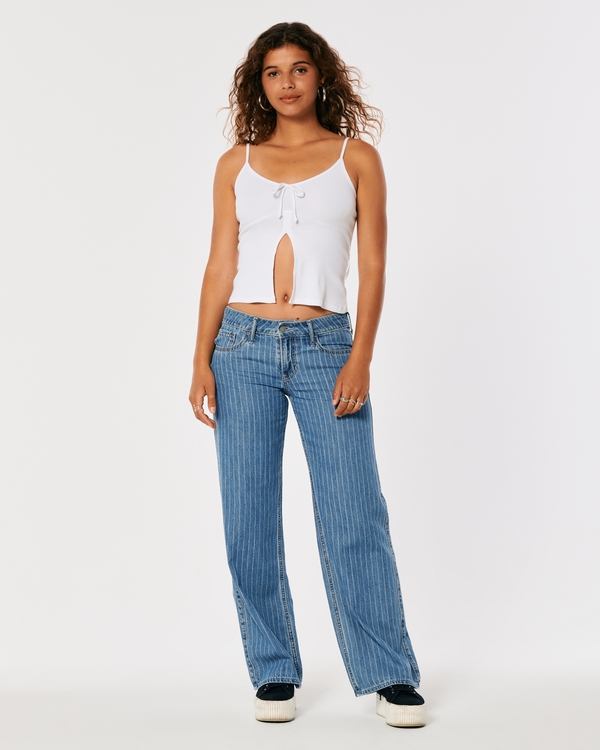 Petite Mid Wash Striped Baggy Leg Denim Trousers main image 0