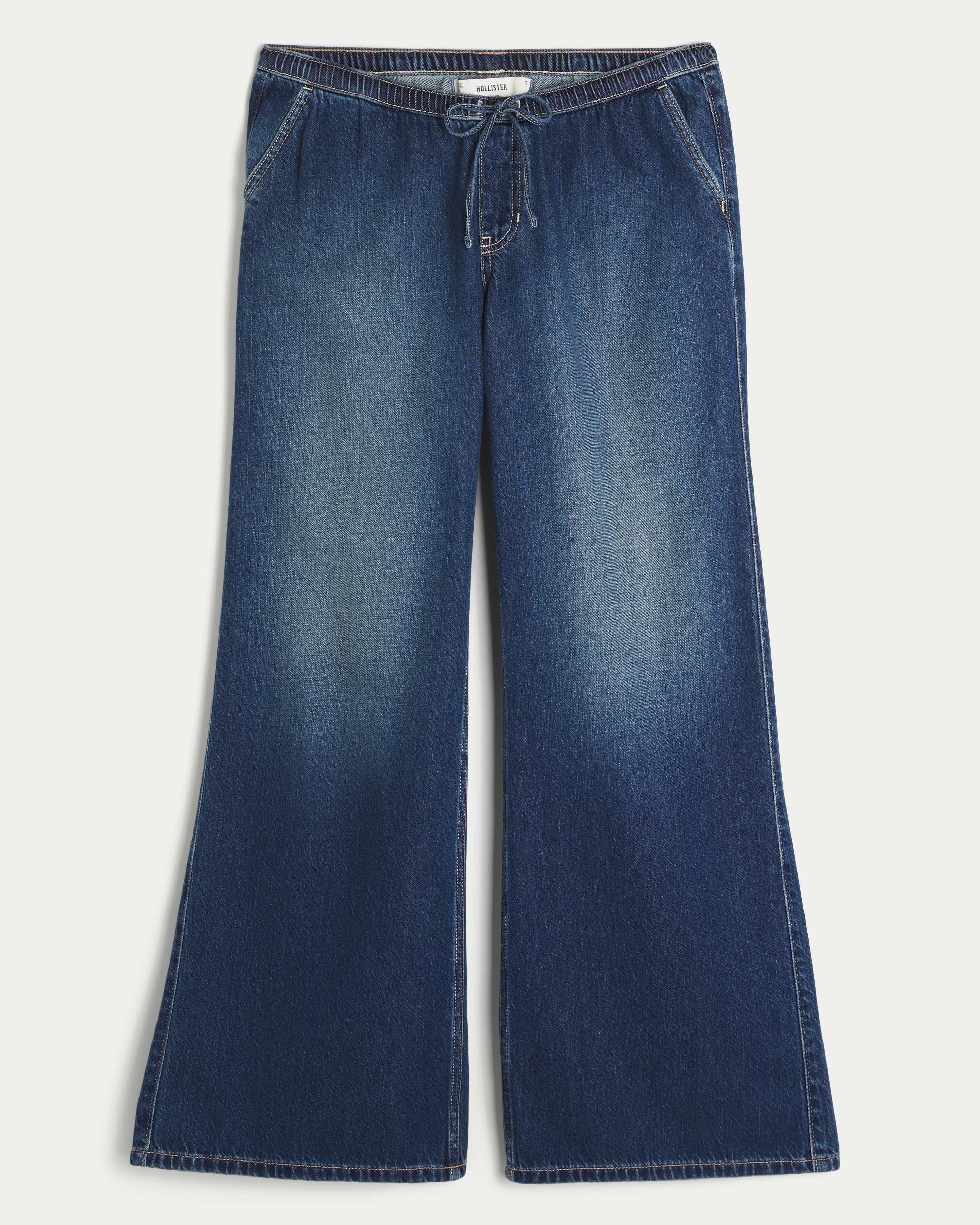 Женские джинсы Hollister Ultra Low-Rise Drapey Pull-On Wide-Leg, цвет: Тёмная варка