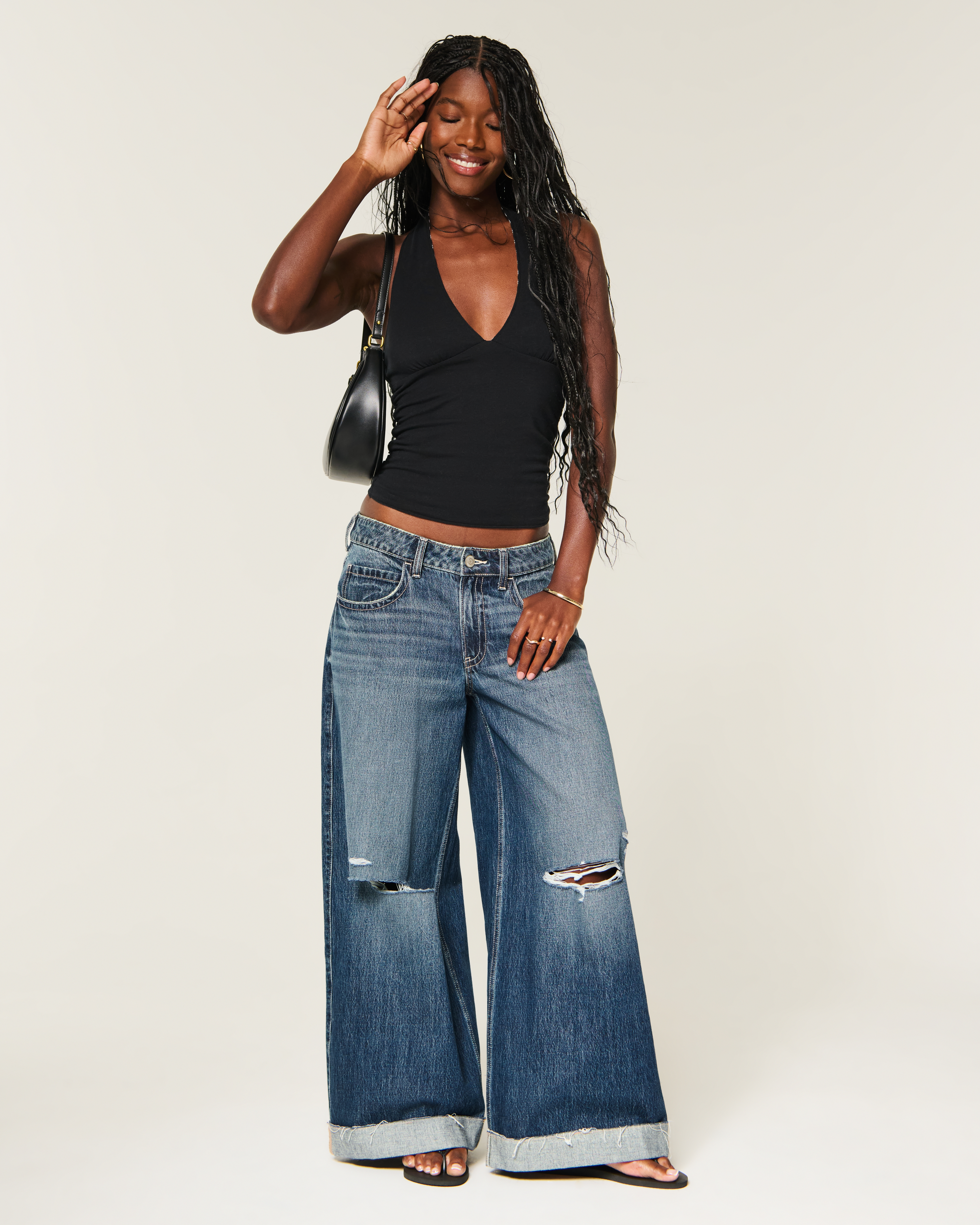 Женские джинсы Hollister Ultra Low-Rise Ripped Splatter Beyond Baggy, цвет: Тёмный — фото 2