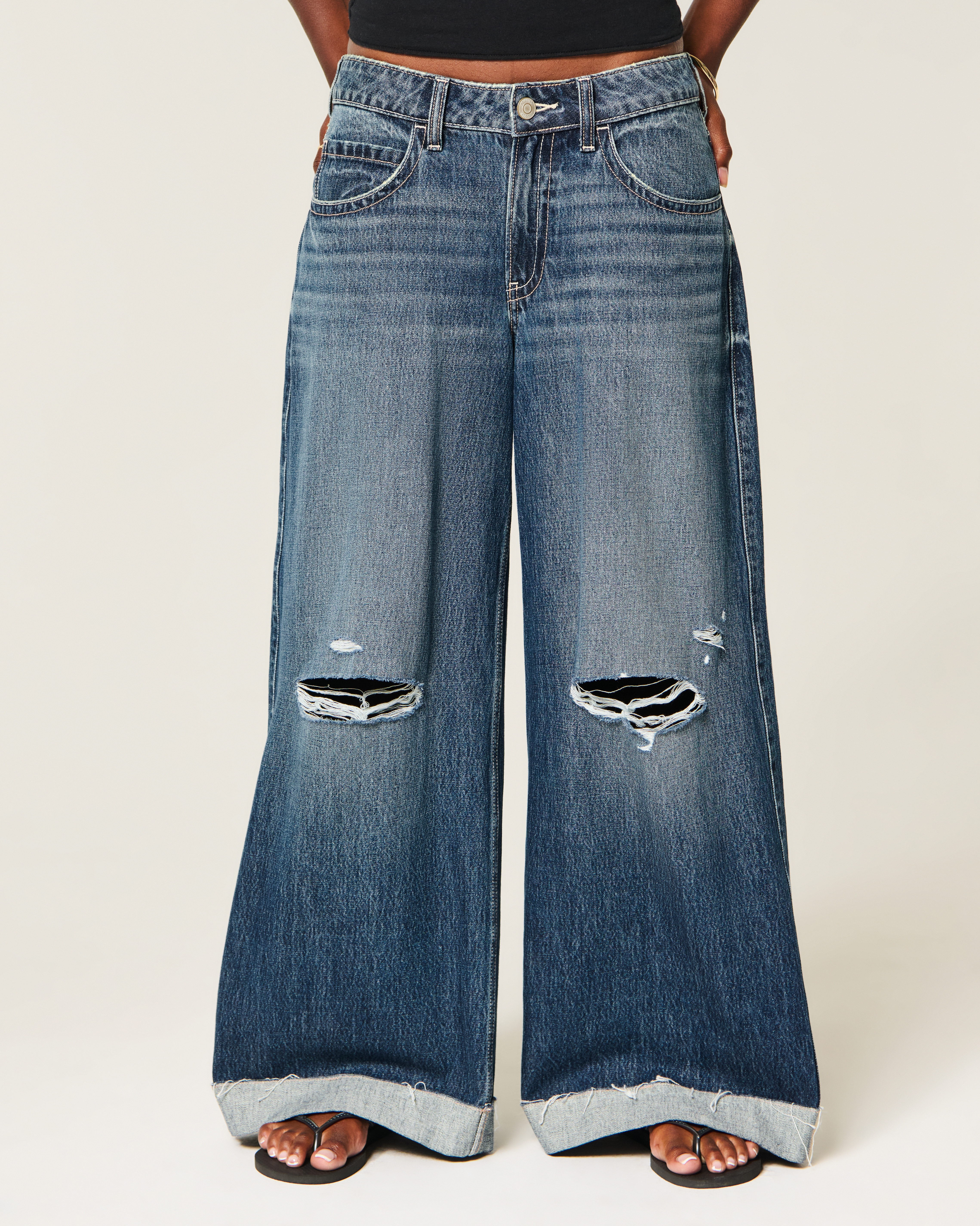 Женские джинсы Hollister Ultra Low-Rise Ripped Splatter Beyond Baggy, цвет: Тёмный — фото 3