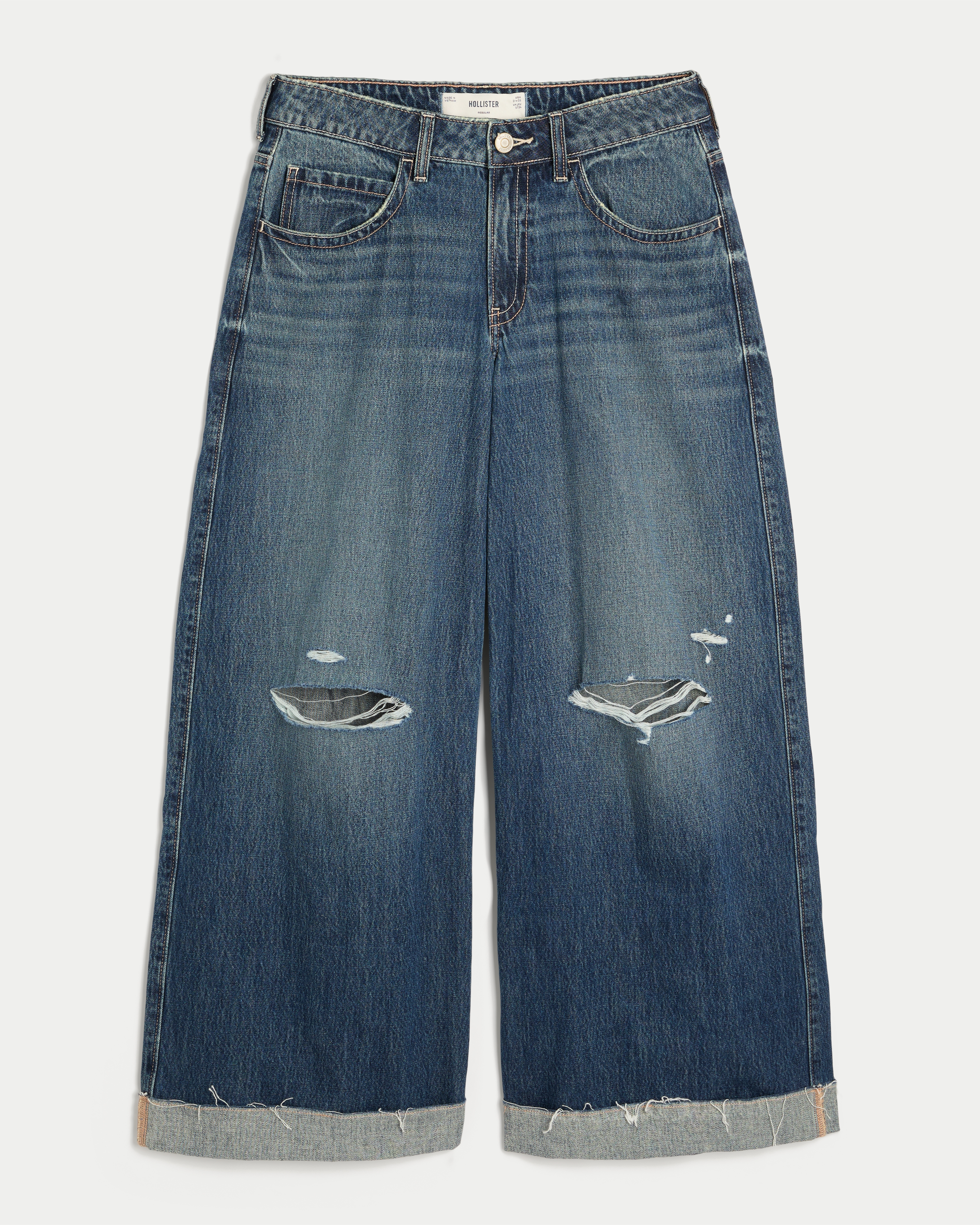 Женские джинсы Hollister Ultra Low-Rise Ripped Splatter Beyond Baggy, цвет: Тёмный — фото 1