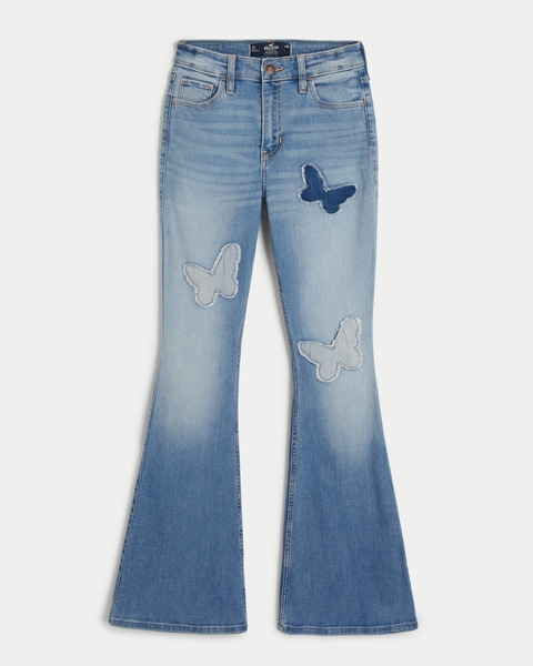 Женские джинсы Hollister High-Rise Medium Wash Butterfly Patch Flare Jeans