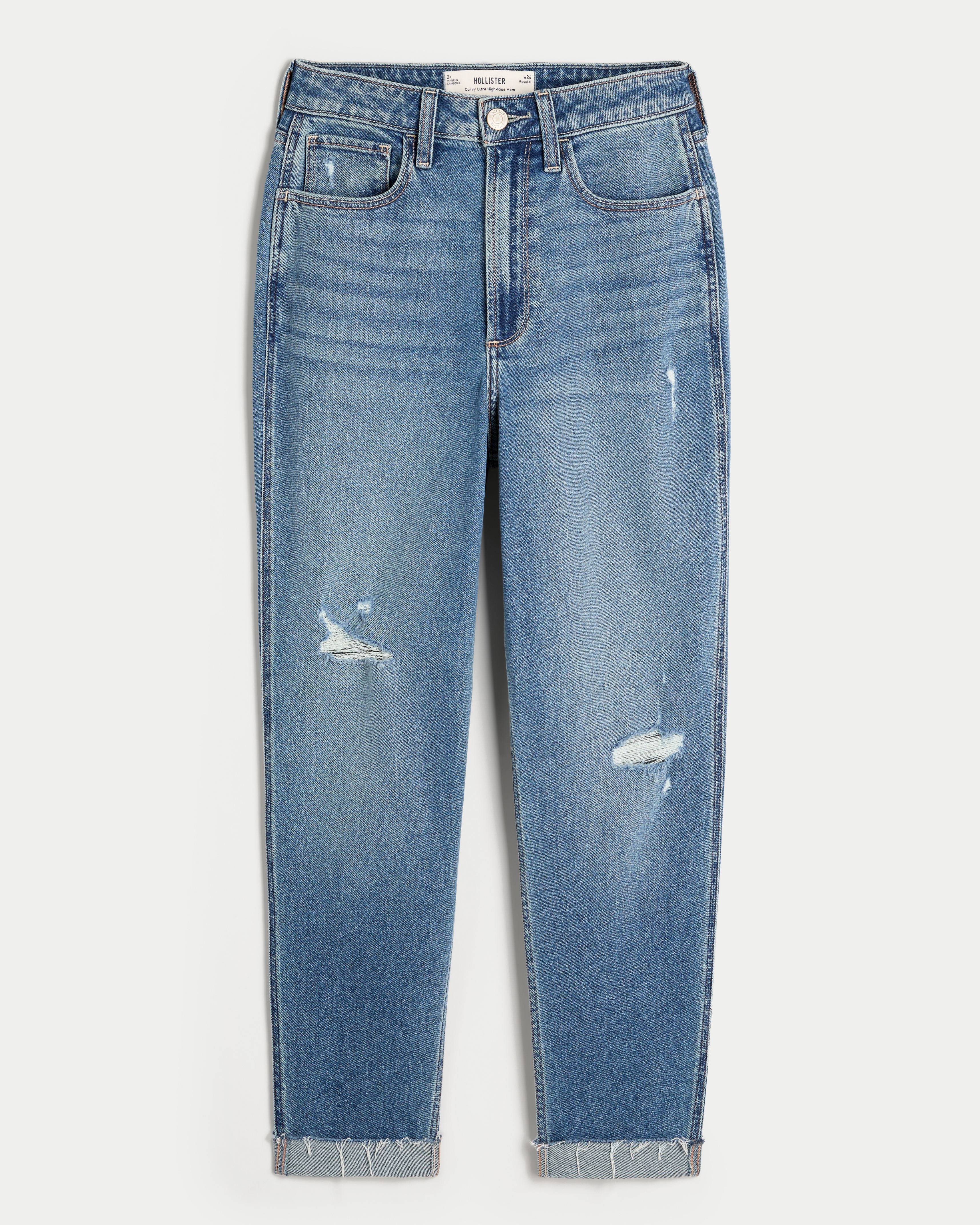 Женские джинсы Hollister Curvy Ultra High-Rise Ripped Mom, цвет: Medium Ripped — фото 1
