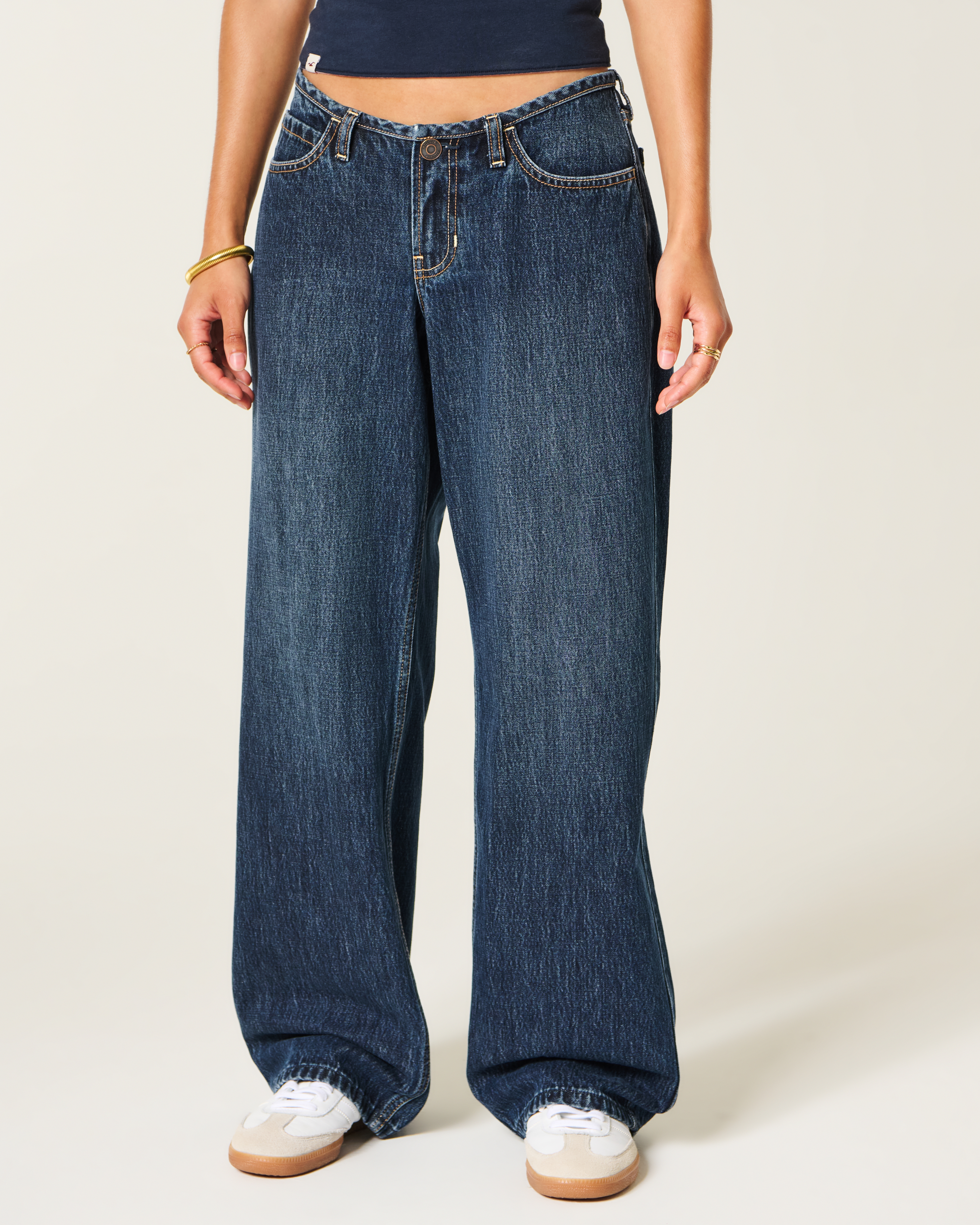 Женские джинсы Hollister Ultra Low-Rise Mini Waistband Dark Wash Tie Waist Baggy Jeans — фото 4