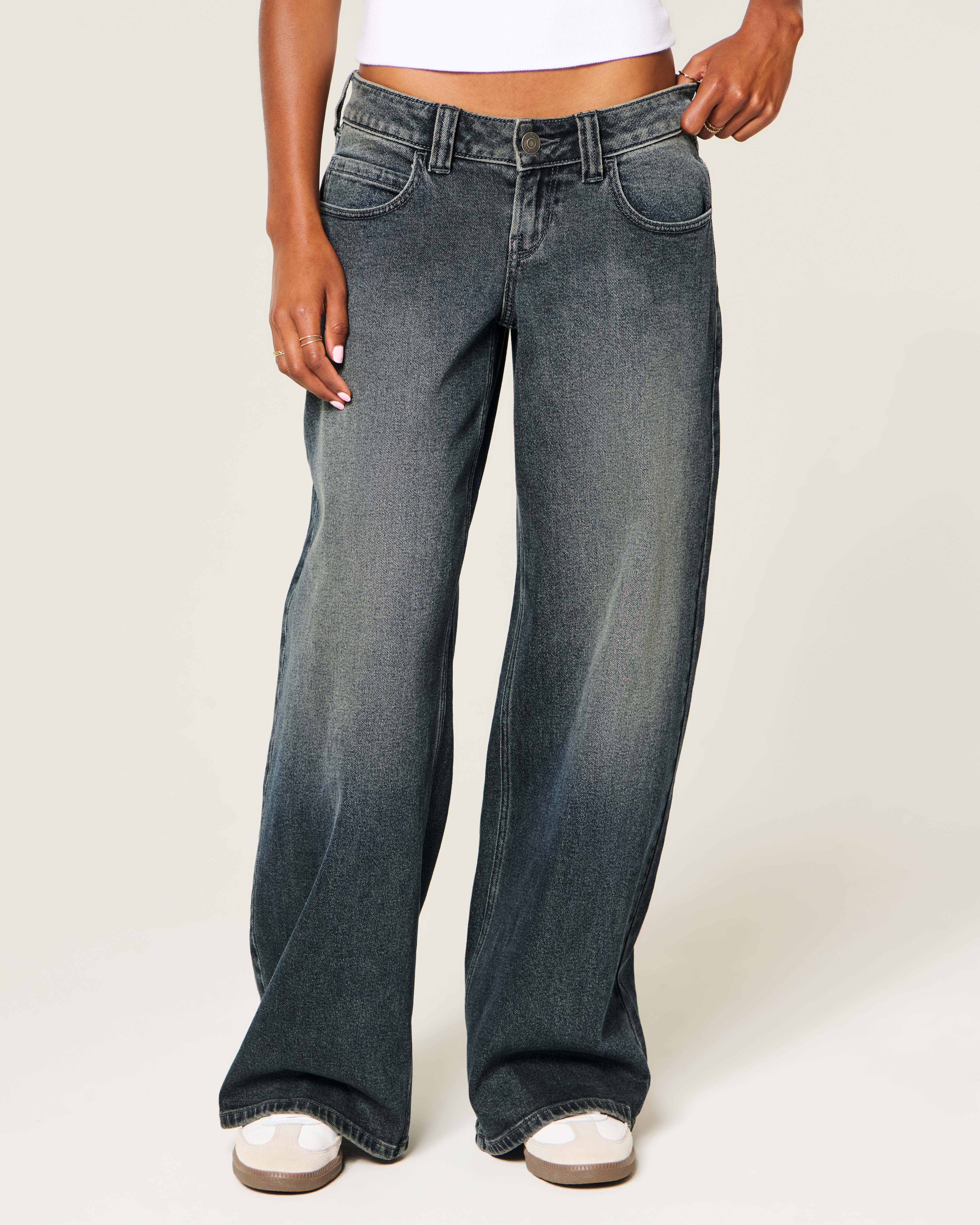 Женские джинсы Hollister Andi Adjustable Waist Ultra Low-Rise Distressed Super Baggy, цвет: Тёмный — фото 3
