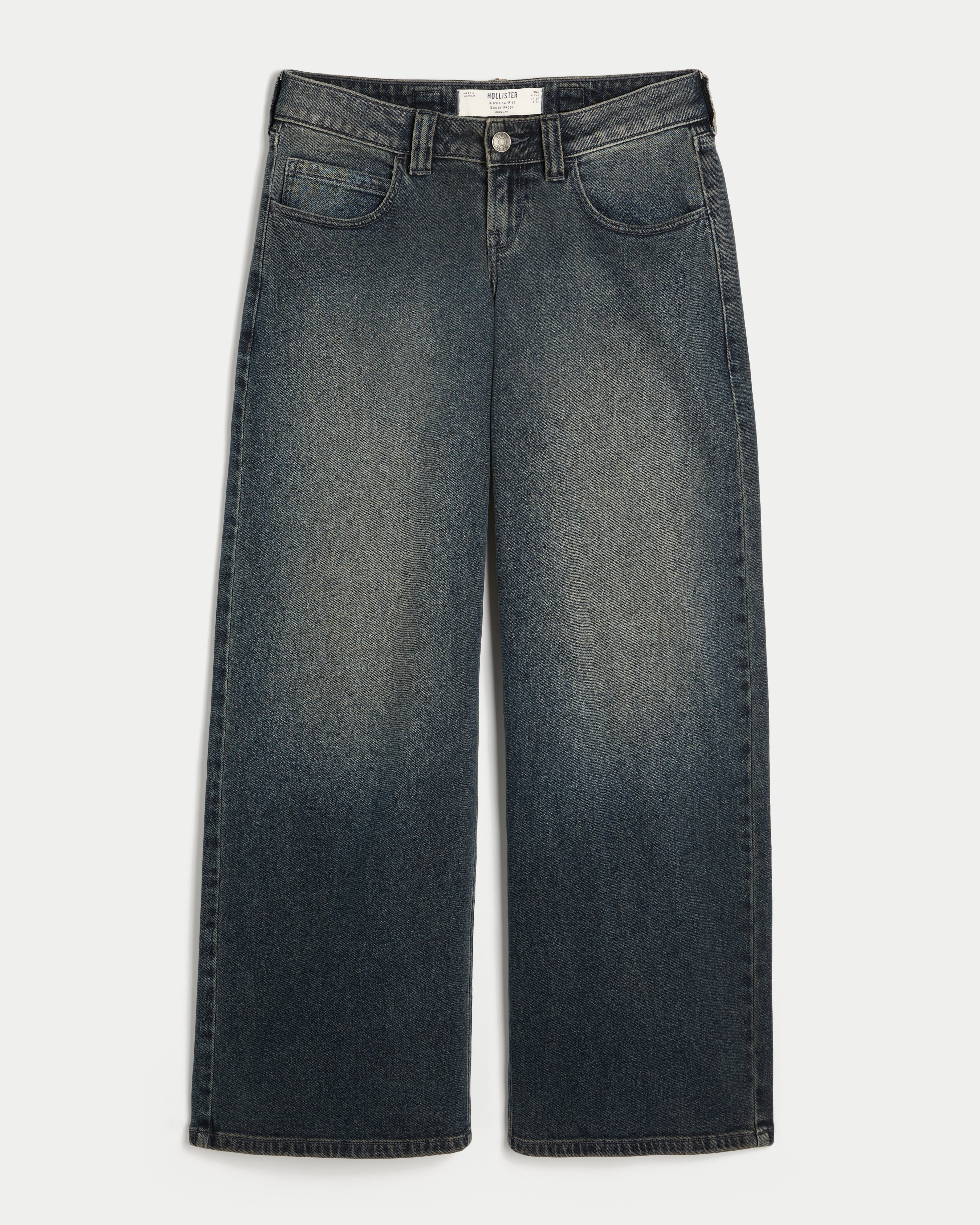 Женские джинсы Hollister Andi Adjustable Waist Ultra Low-Rise Distressed Super Baggy, цвет: Тёмный