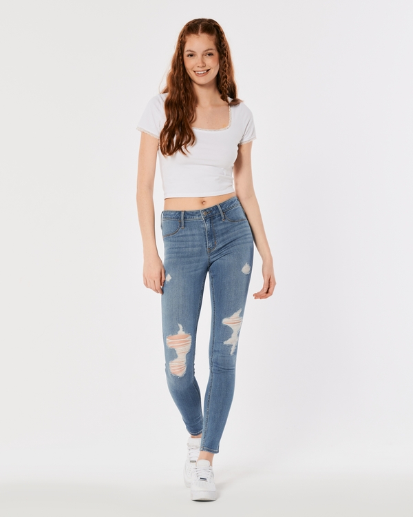 Hollister Curvy Highrise Medium Wash Butterfly Print Super Skinny